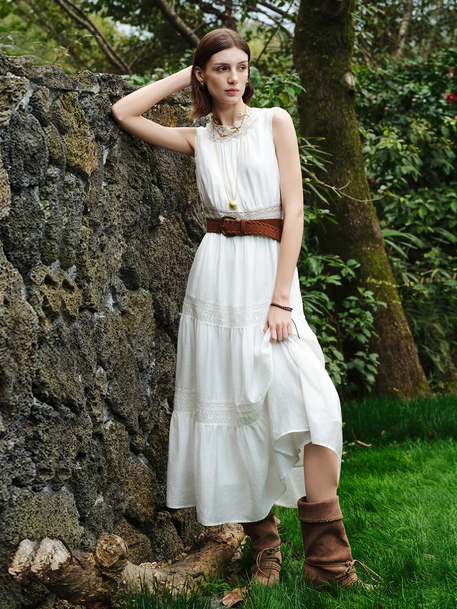 ZIQIAO 2026 Summer Women's Acetate and Lace Overlay Tiered Dress - Sleeveless Elegant for Resort and Special Events