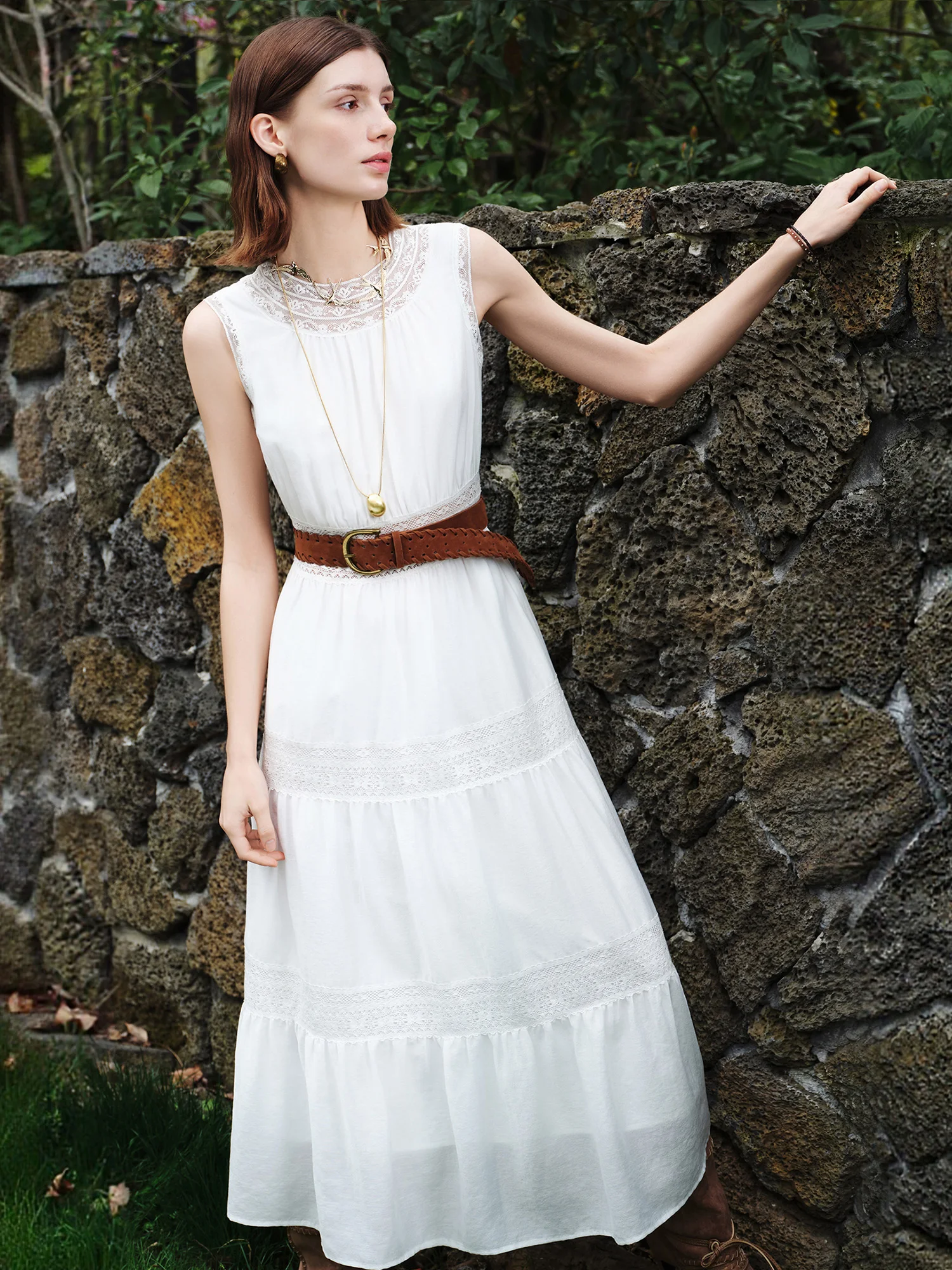 ZIQIAO 2026 Summer Women's Acetate and Lace Overlay Tiered Dress - Sleeveless Elegant for Resort and Special Events