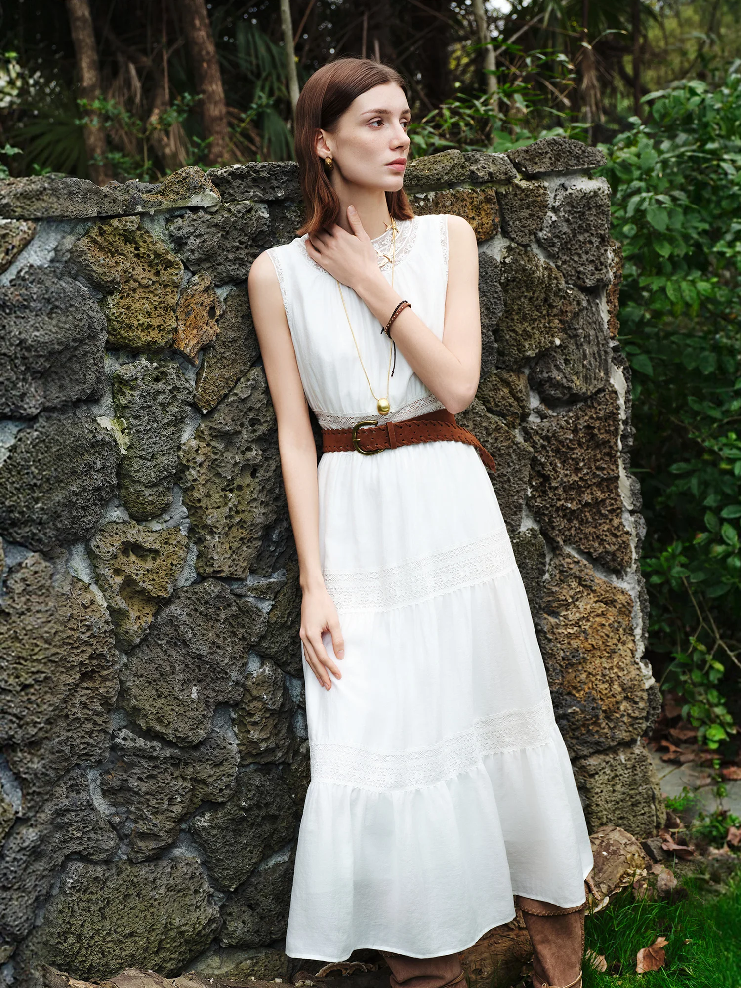 ZIQIAO 2026 Summer Women's Acetate and Lace Overlay Tiered Dress - Sleeveless Elegant for Resort and Special Events
