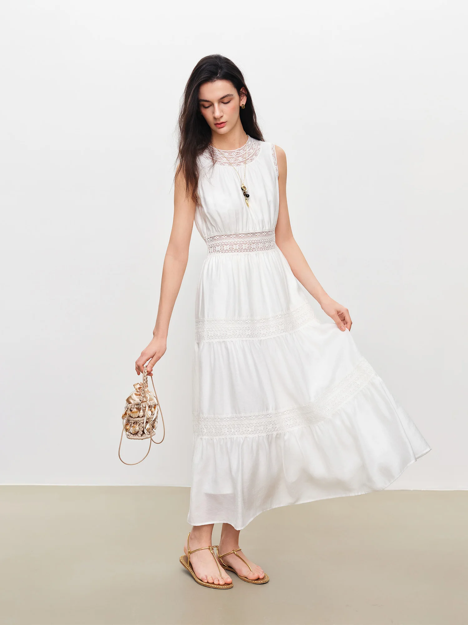ZIQIAO 2026 Summer Women's Acetate and Lace Overlay Tiered Dress - Sleeveless Elegant for Resort and Special Events