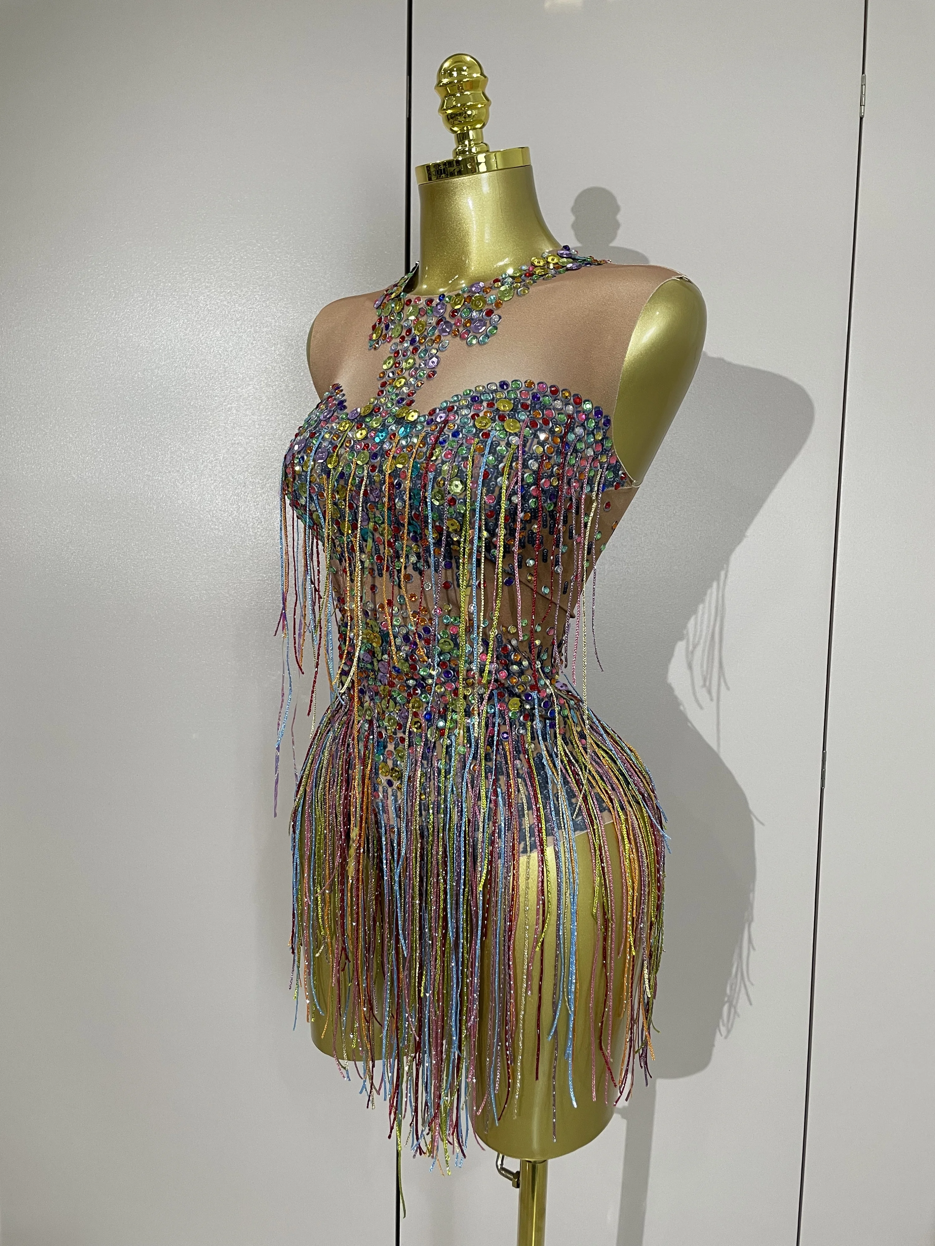 STOCK Sparkle Colorful Rhinestones Sequins Tassel Bodysuits Evening Birthday Party NightClub Bar DJ Dancer Team Stage Costume