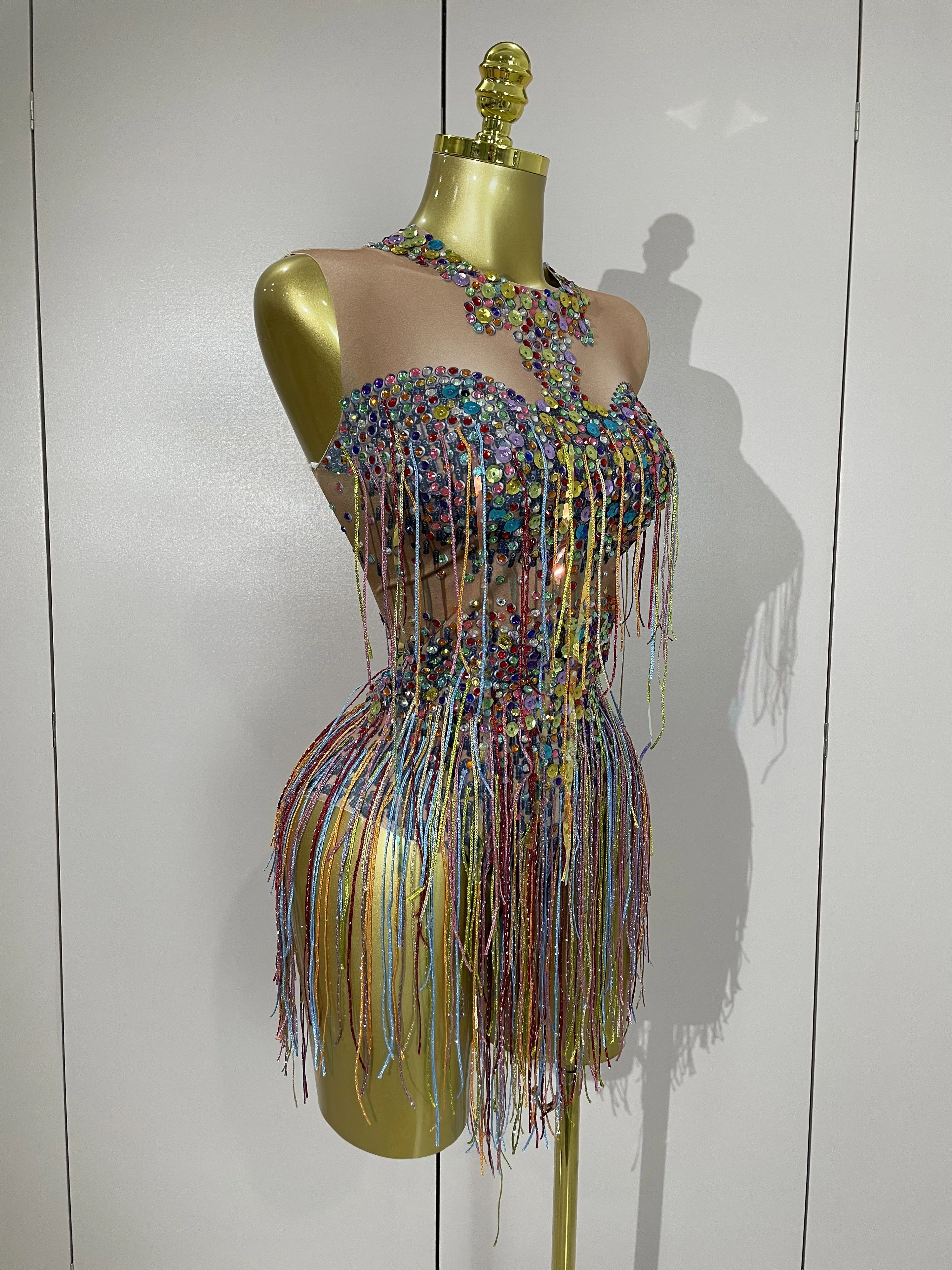 STOCK Sparkle Colorful Rhinestones Sequins Tassel Bodysuits Evening Birthday Party NightClub Bar DJ Dancer Team Stage Costume