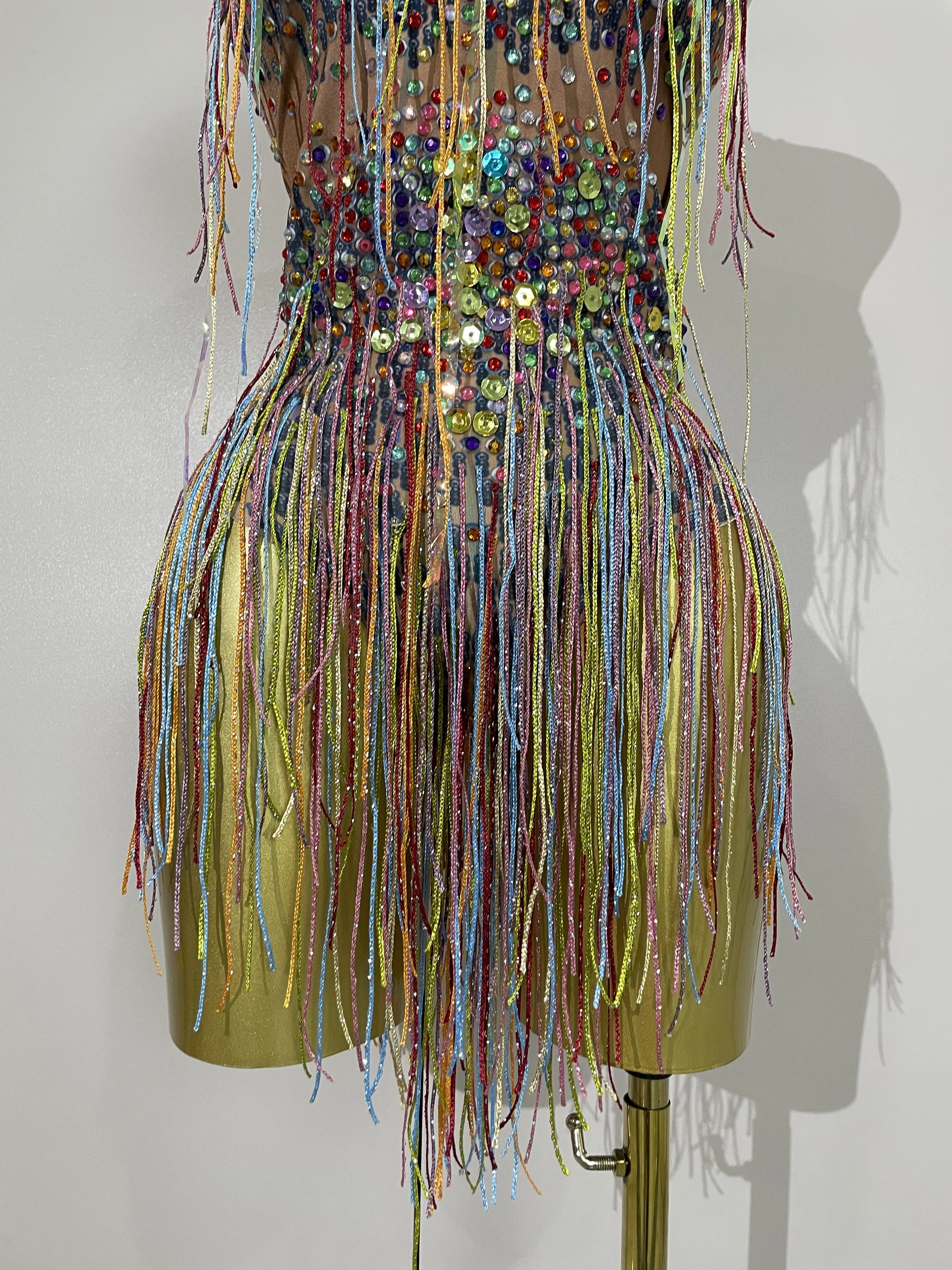 STOCK Sparkle Colorful Rhinestones Sequins Tassel Bodysuits Evening Birthday Party NightClub Bar DJ Dancer Team Stage Costume