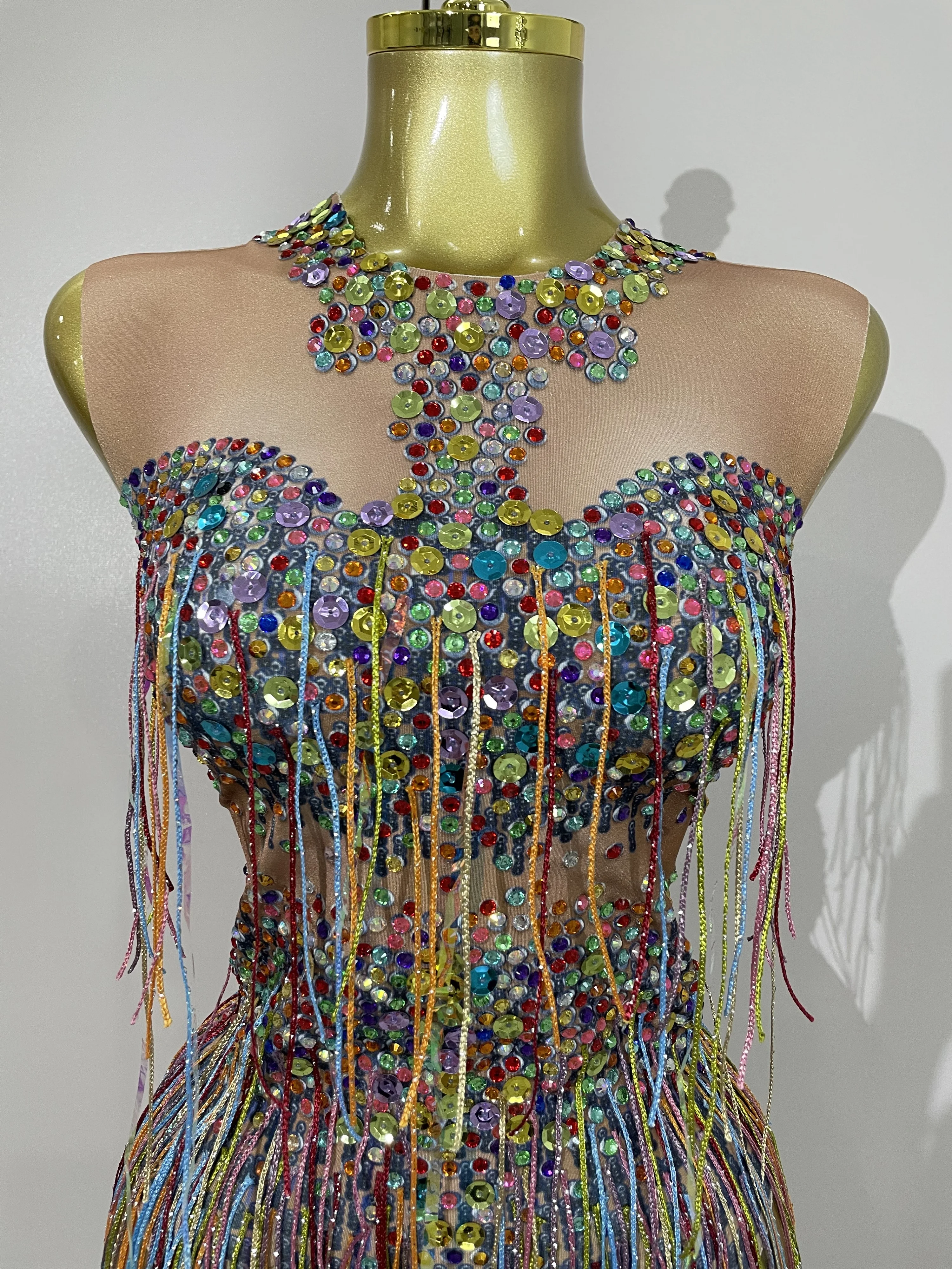 STOCK Sparkle Colorful Rhinestones Sequins Tassel Bodysuits Evening Birthday Party NightClub Bar DJ Dancer Team Stage Costume