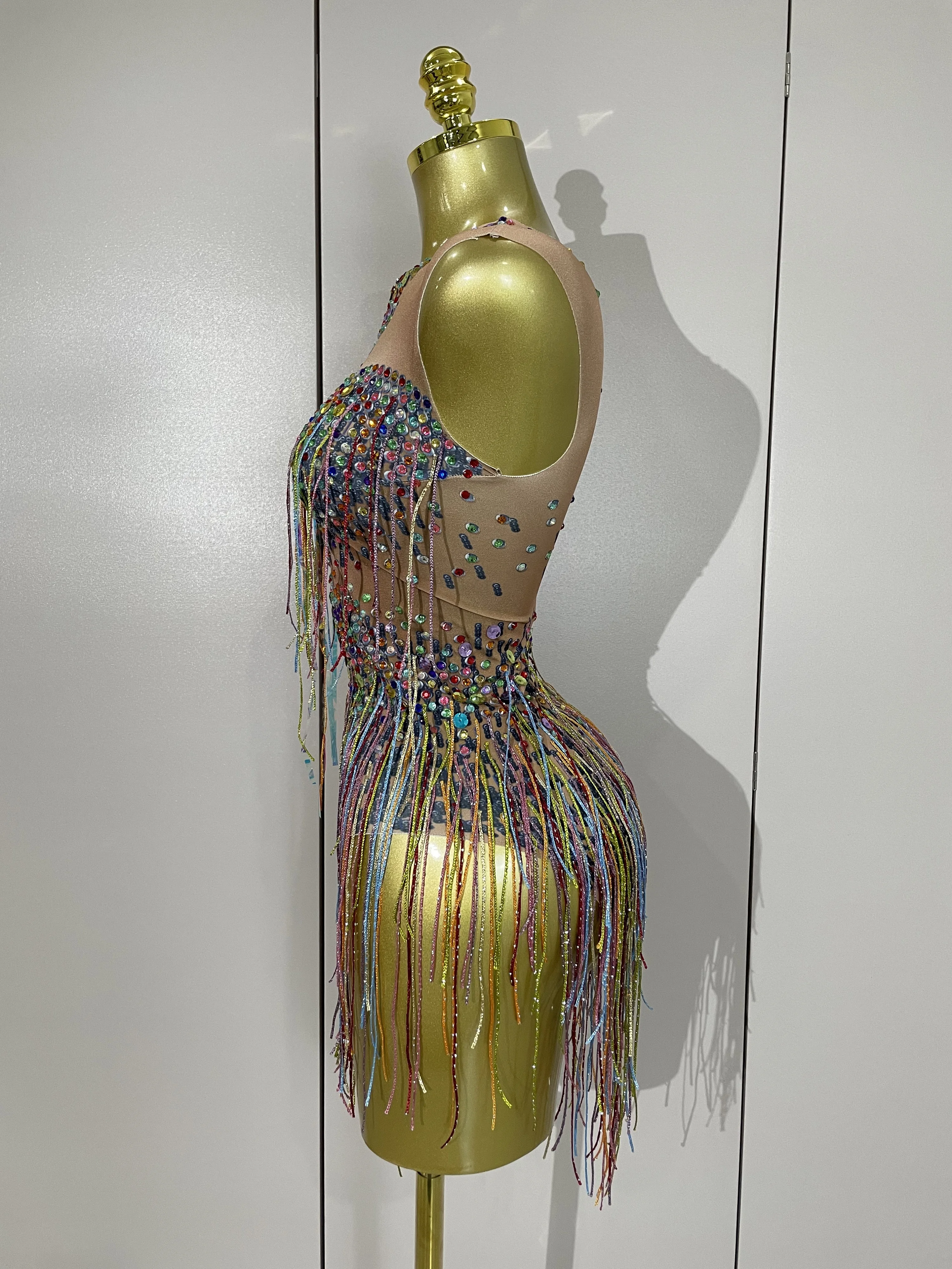 STOCK Sparkle Colorful Rhinestones Sequins Tassel Bodysuits Evening Birthday Party NightClub Bar DJ Dancer Team Stage Costume