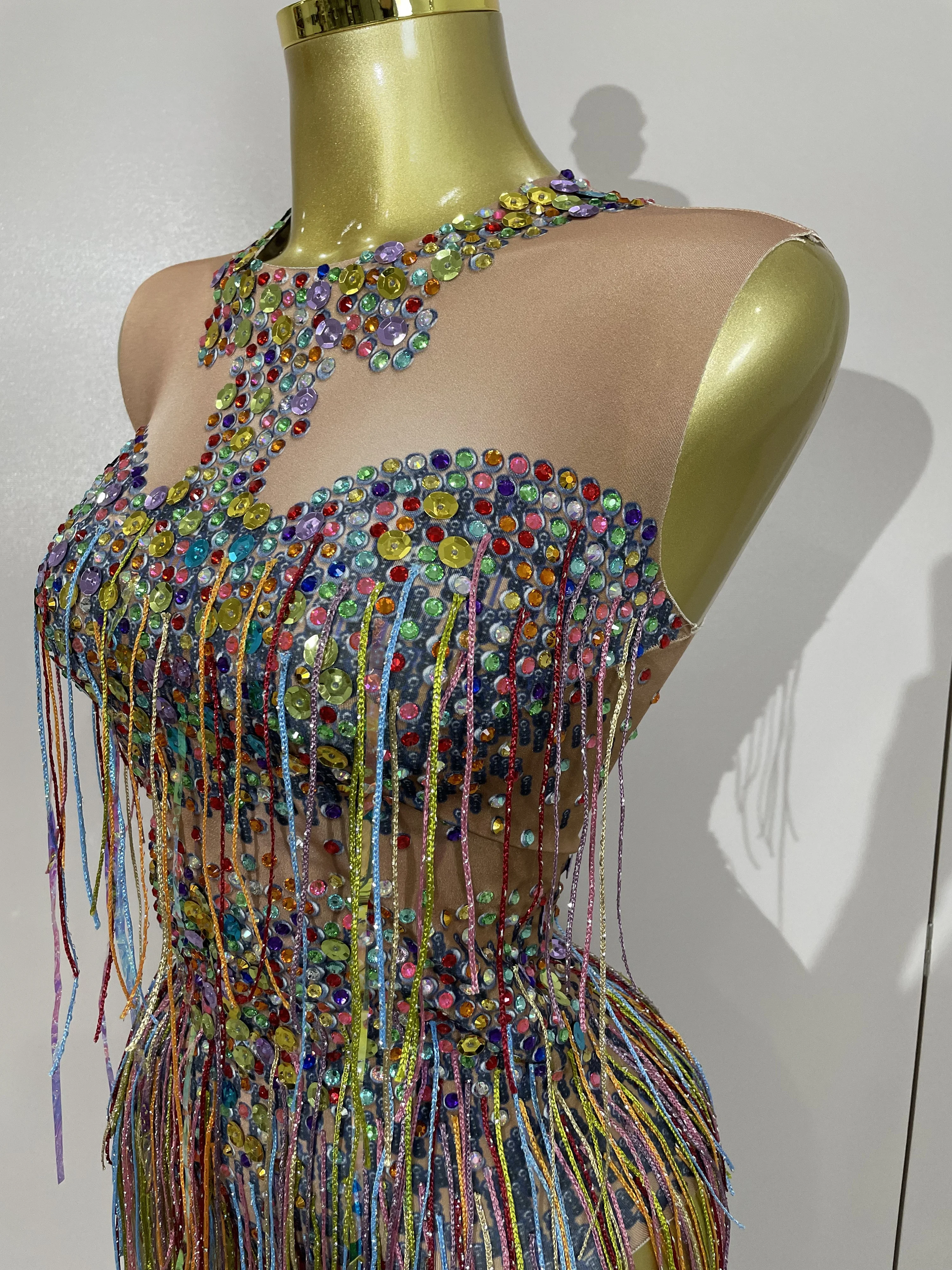 STOCK Sparkle Colorful Rhinestones Sequins Tassel Bodysuits Evening Birthday Party NightClub Bar DJ Dancer Team Stage Costume