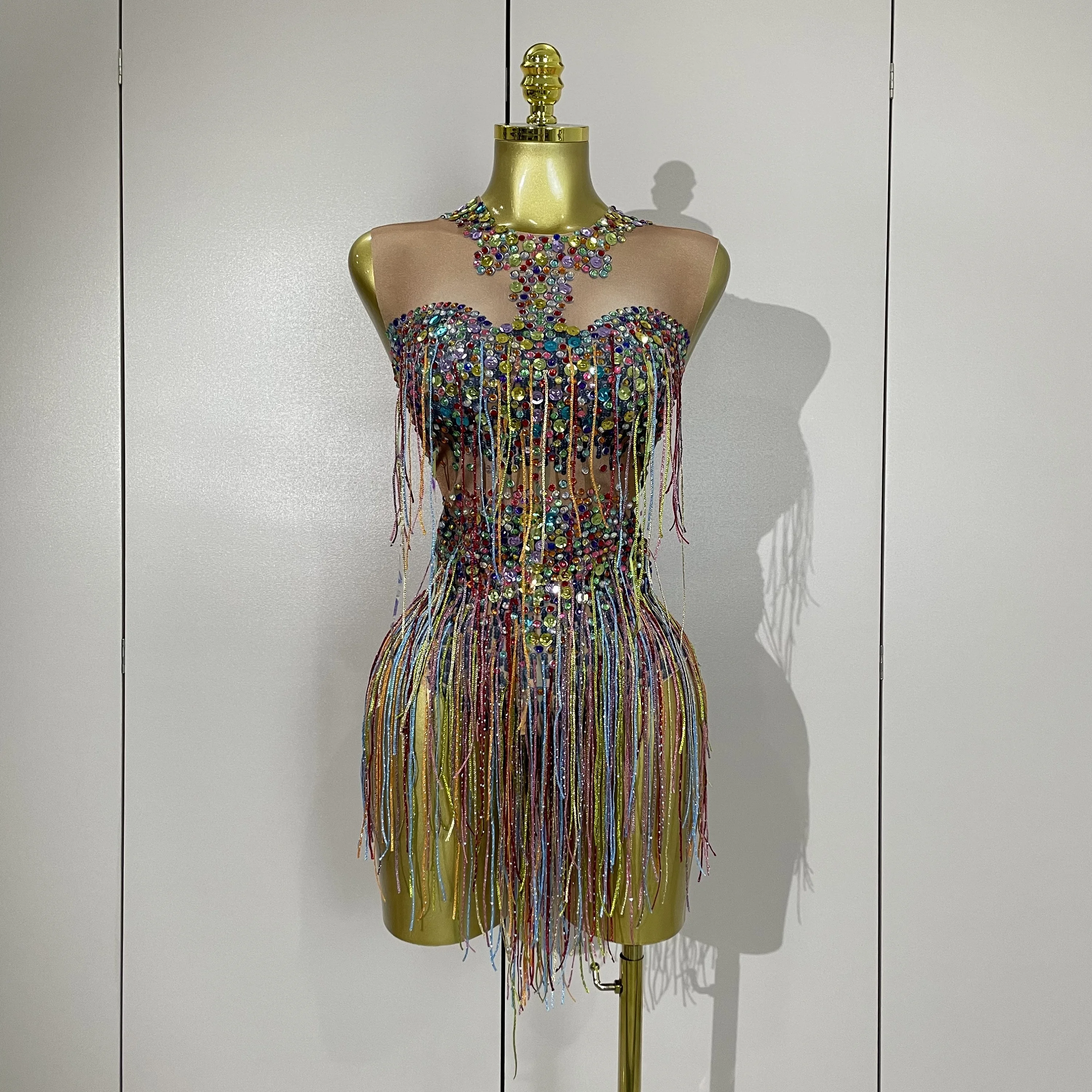STOCK Sparkle Colorful Rhinestones Sequins Tassel Bodysuits Evening Birthday Party NightClub Bar DJ Dancer Team Stage Costume