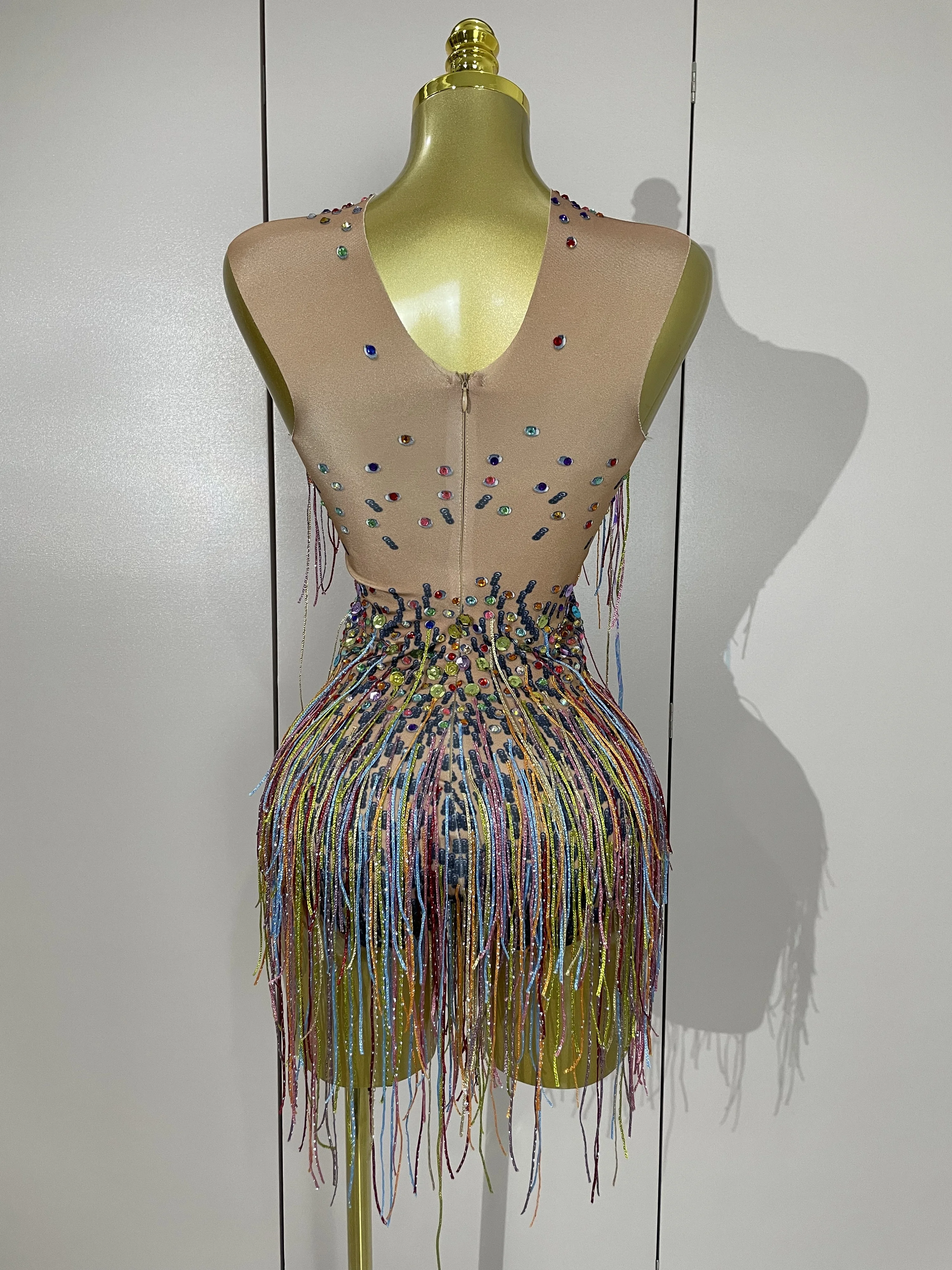 STOCK Sparkle Colorful Rhinestones Sequins Tassel Bodysuits Evening Birthday Party NightClub Bar DJ Dancer Team Stage Costume