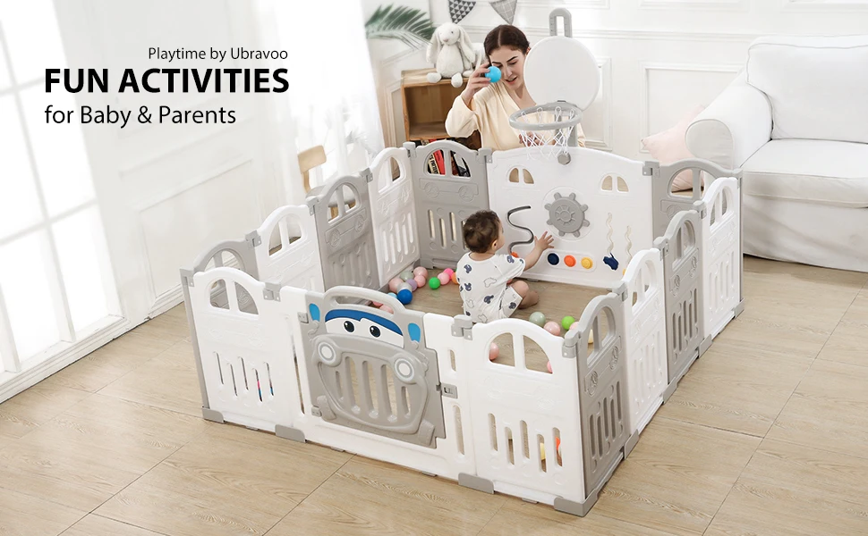 UBRAVOO Foldable Baby Playpen with Basketball Hoop & 50Pcs Coloured Pit Balls, Toddler and Baby Play pen fence, 14-Panel