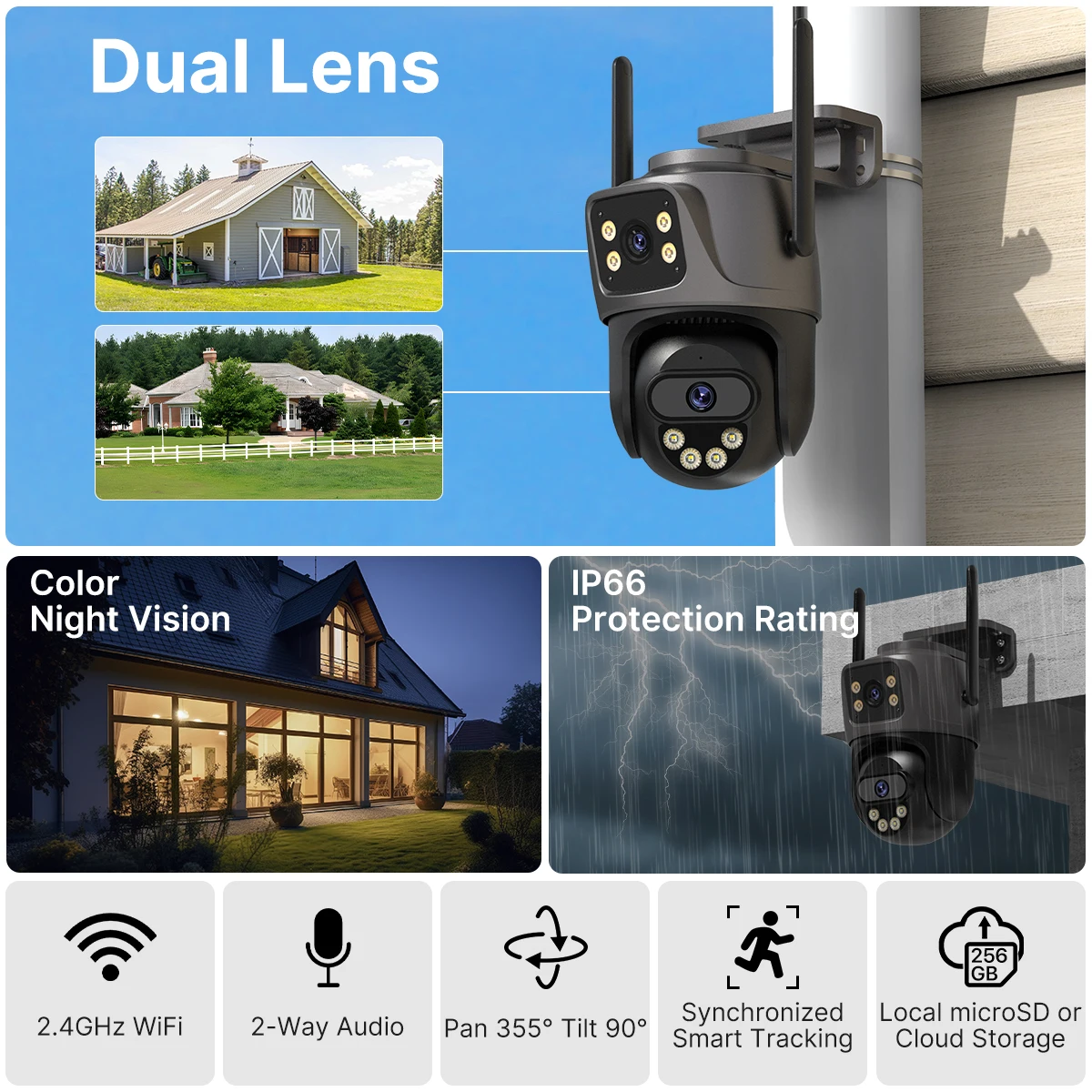 WONSDAR WIFI IP Camera Outdoor Dual Lens Security Camera 4K 8MP Ai Human Detection Security Protection Waterproof Camera PTZ ICsee