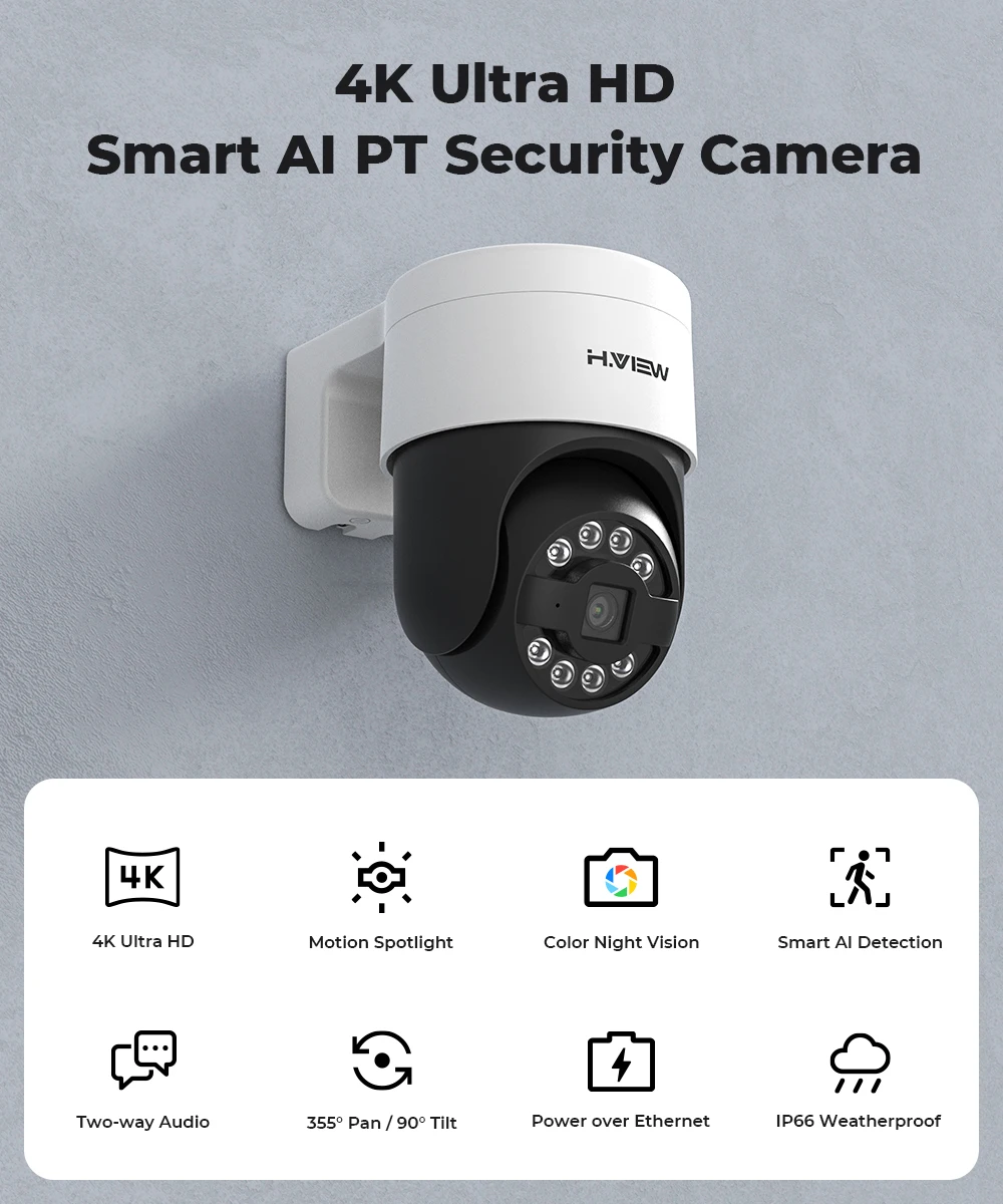 H.View Cctv Security Poe Ip Camera Ptz 5Mp 8mp 4K Dome Outdoor Audio Video Surveillance For Nvr System Xmeye