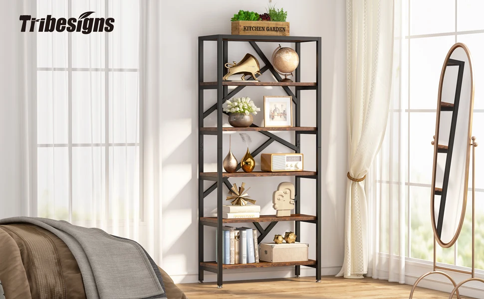 Tribesigns Bookshelf Storage Rack Standing Shelf 5 Tier Industrial Sturdy Bookshelf with Iron Pipe Frame