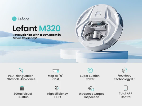 Lefant M320 6000Pa Powerful Suction Robot Vacuum Cleaner with Mop ,210 Mins Runtime,800ML Visible Dustbin,Carpet Detection