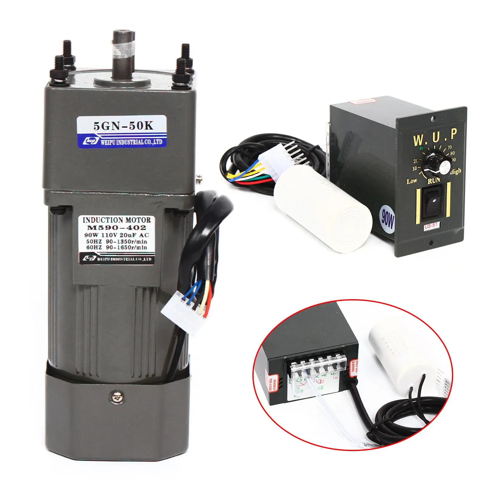 90W 220V AC 50K Gear Motor Reducer Electric Variable Speed Controller 0-27RPM