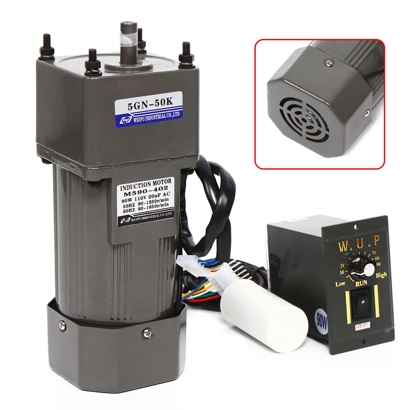 90W 220V AC 50K Gear Motor Reducer Electric Variable Speed Controller 0-27RPM