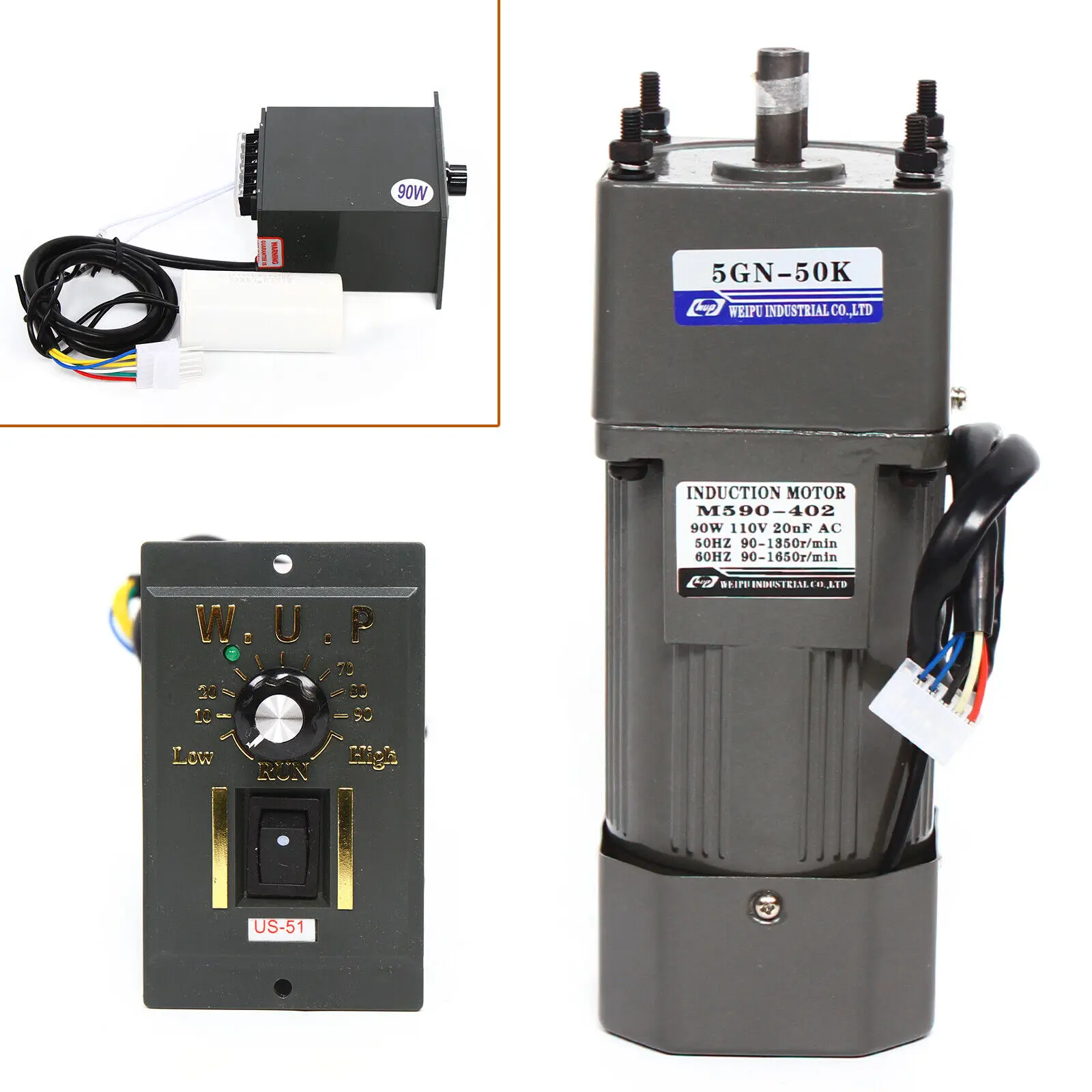 90W 220V AC 50K Gear Motor Reducer Electric Variable Speed Controller 0-27RPM