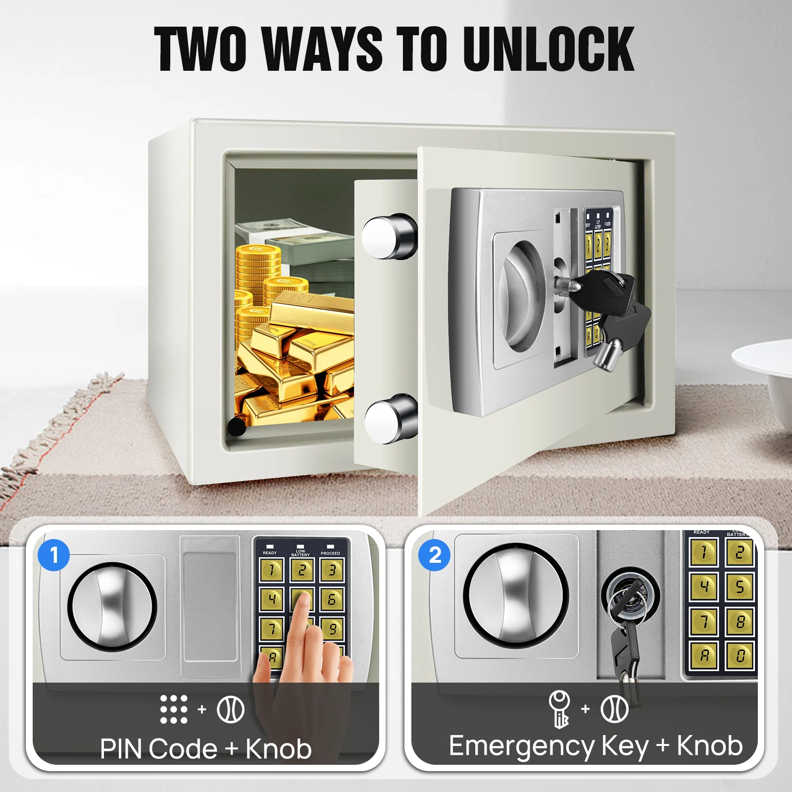 Safes for Home Fireproof Waterproof with 2 Manual Override Keys,Security Safe Cash Box with Double Digital Keypad and Key