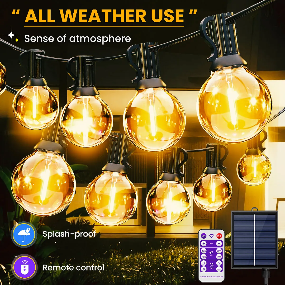 12M 30 LEDS G40 Solar String Lights Outdoor Patio Lights Solar & USB Powered Waterproof Globe Hanging Lights with Shatterproof