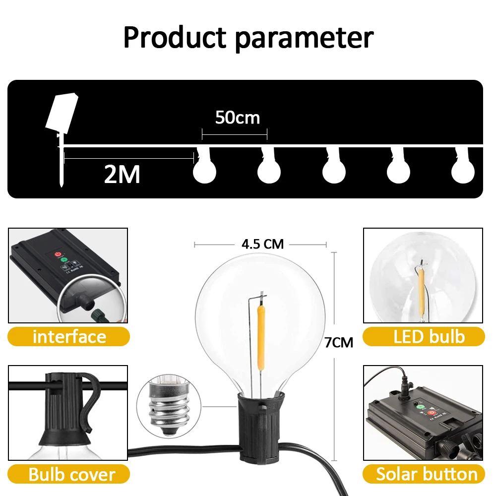 12M 30 LEDS G40 Solar String Lights Outdoor Patio Lights Solar & USB Powered Waterproof Globe Hanging Lights with Shatterproof