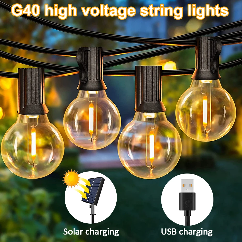 12M 30 LEDS G40 Solar String Lights Outdoor Patio Lights Solar & USB Powered Waterproof Globe Hanging Lights with Shatterproof