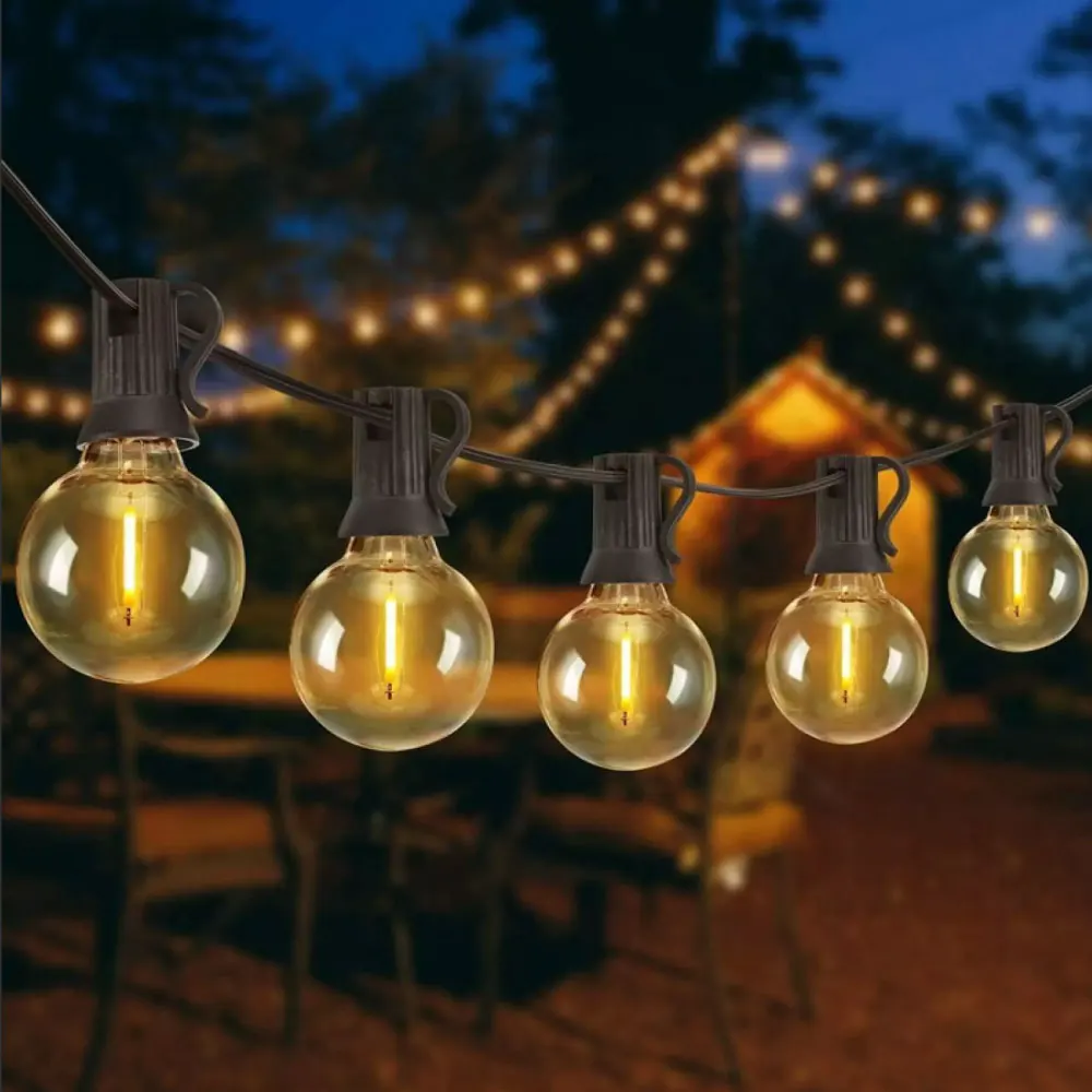 12M 30 LEDS G40 Solar String Lights Outdoor Patio Lights Solar & USB Powered Waterproof Globe Hanging Lights with Shatterproof