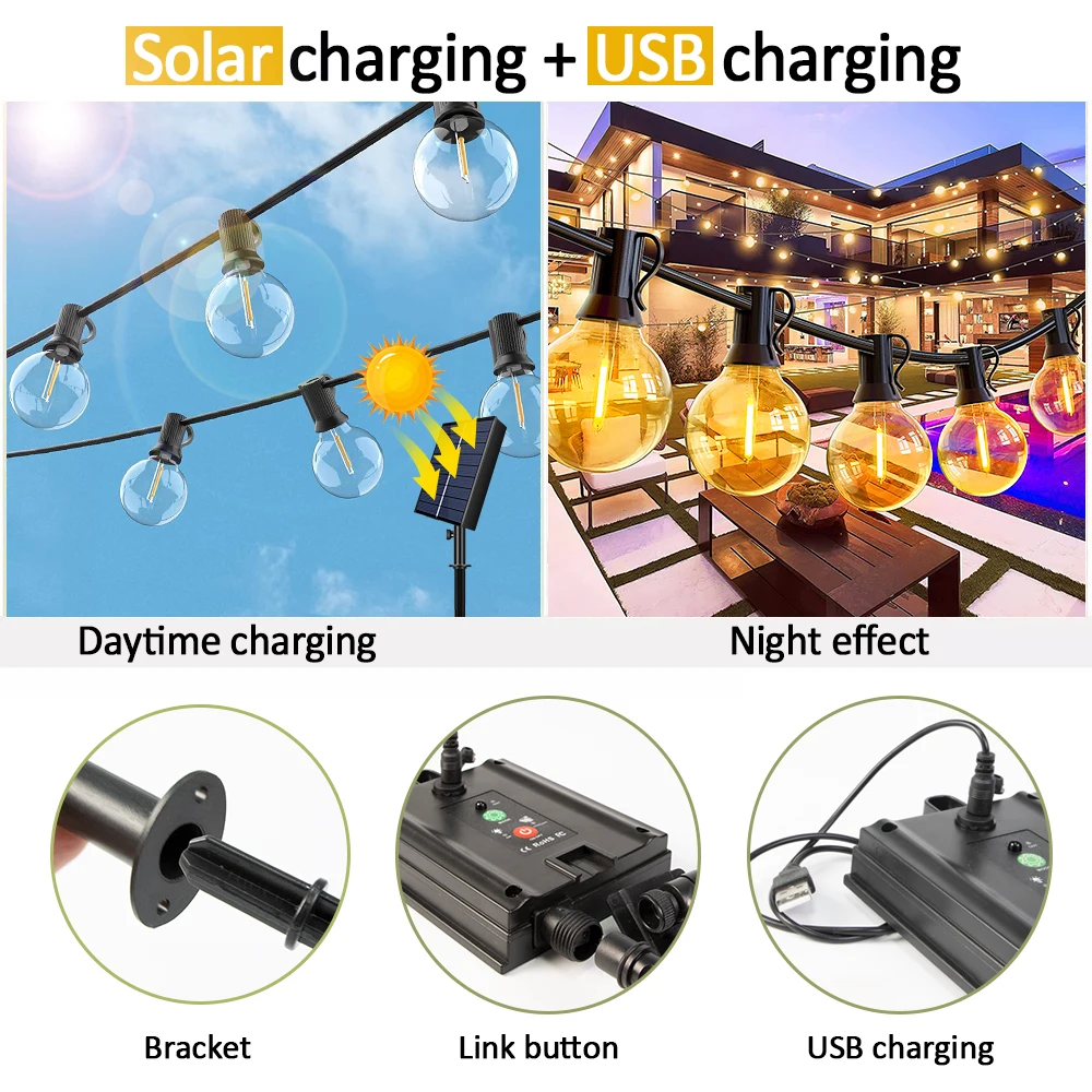12M 30 LEDS G40 Solar String Lights Outdoor Patio Lights Solar & USB Powered Waterproof Globe Hanging Lights with Shatterproof