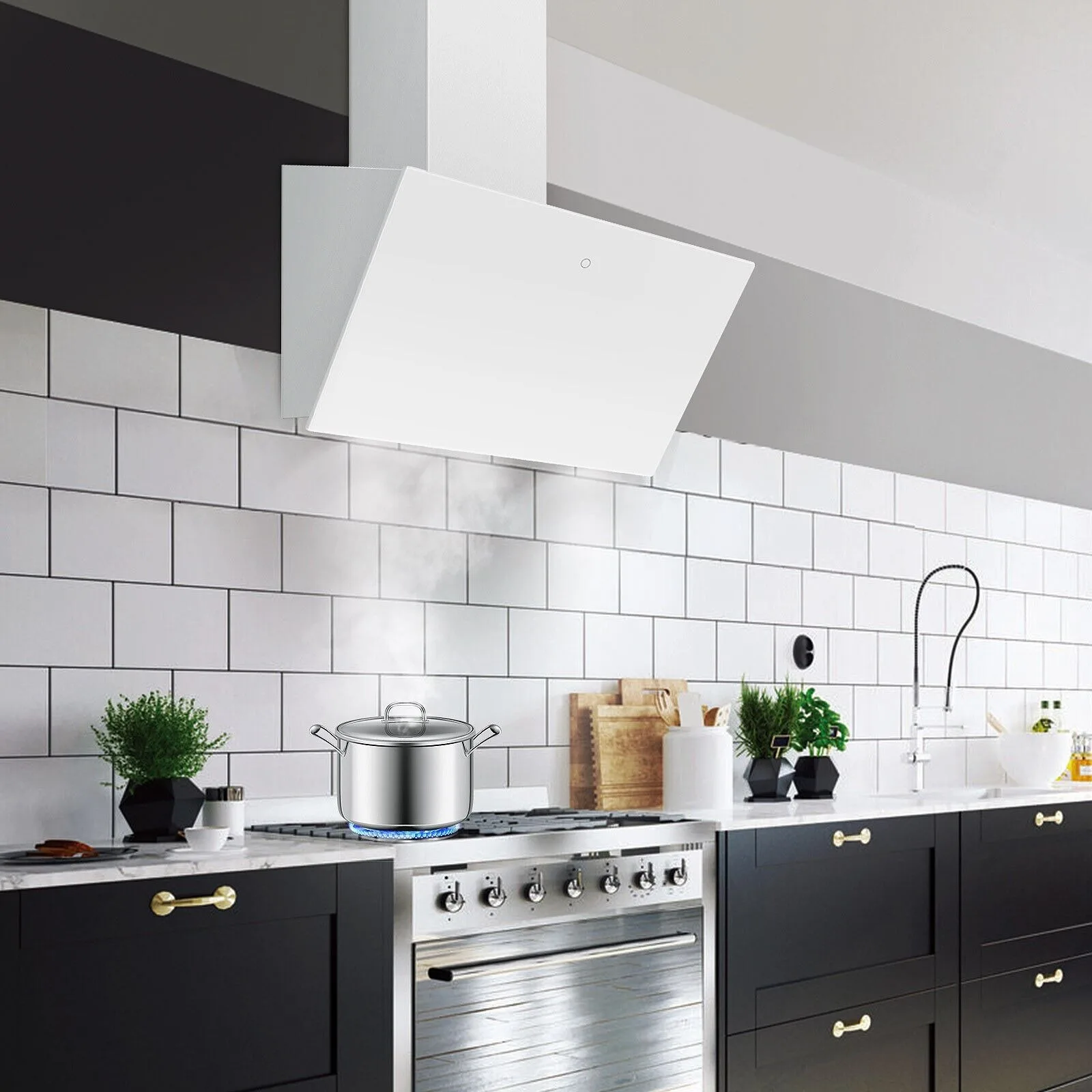 Topstrong Wall Mounted Range Hood 60cm Touch Display Glass with 700m³/h Extraction Rate and Washable Filters EUGV1360W