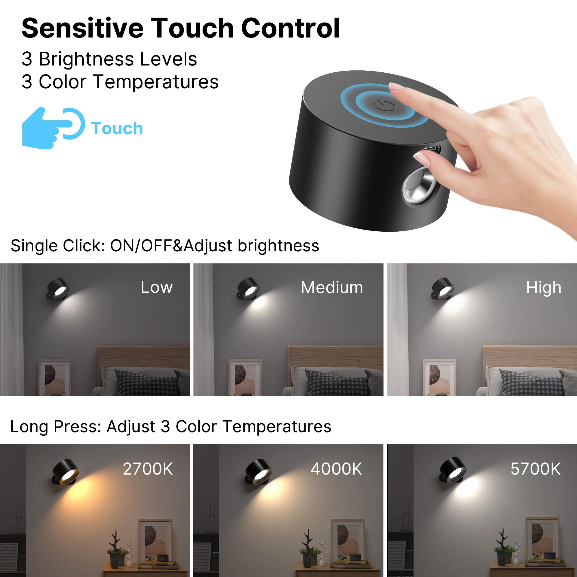 2PCS Magnetic Wall Lamp, LED Wall Sconce, Wall Mounted Lamp, With Rechargeable Battery Operated, USB Port, Cordless Wall Light