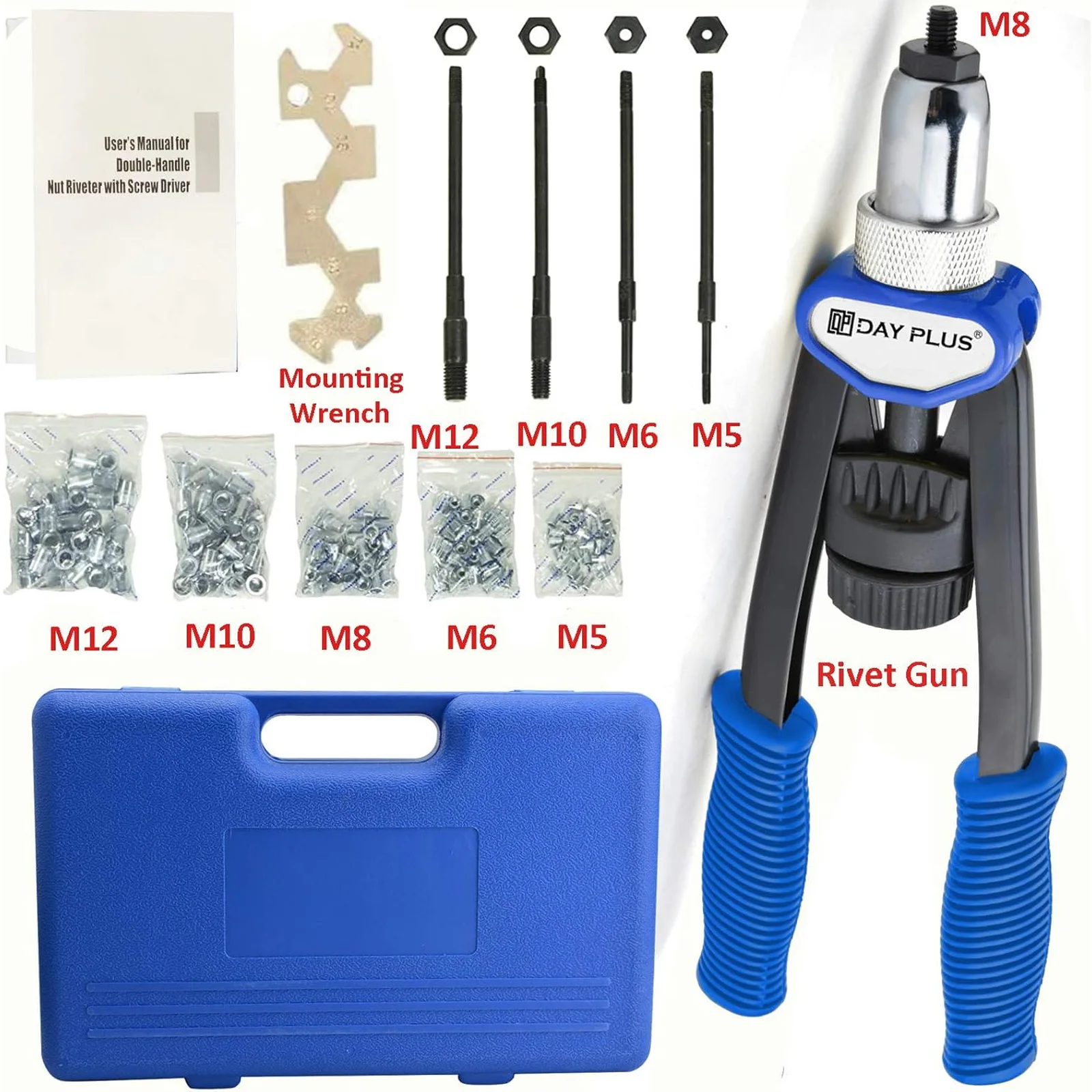 Professional Rivet Nut Pliers Set Blind Riveter Set Riveting Machine Threaded Nut Riveting M5-M12 Tool with 150 Rivet Nuts