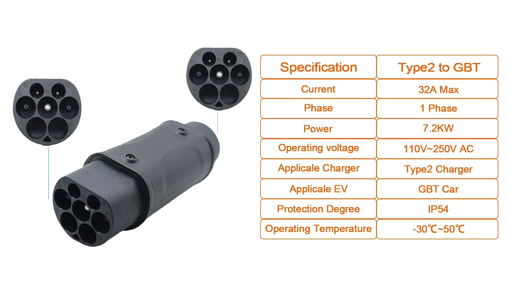Teschev EV Charger Adapter Type1 to Type2 Charging Connector Type 2 to GBT Plug Adapter for Electric Car Accessories