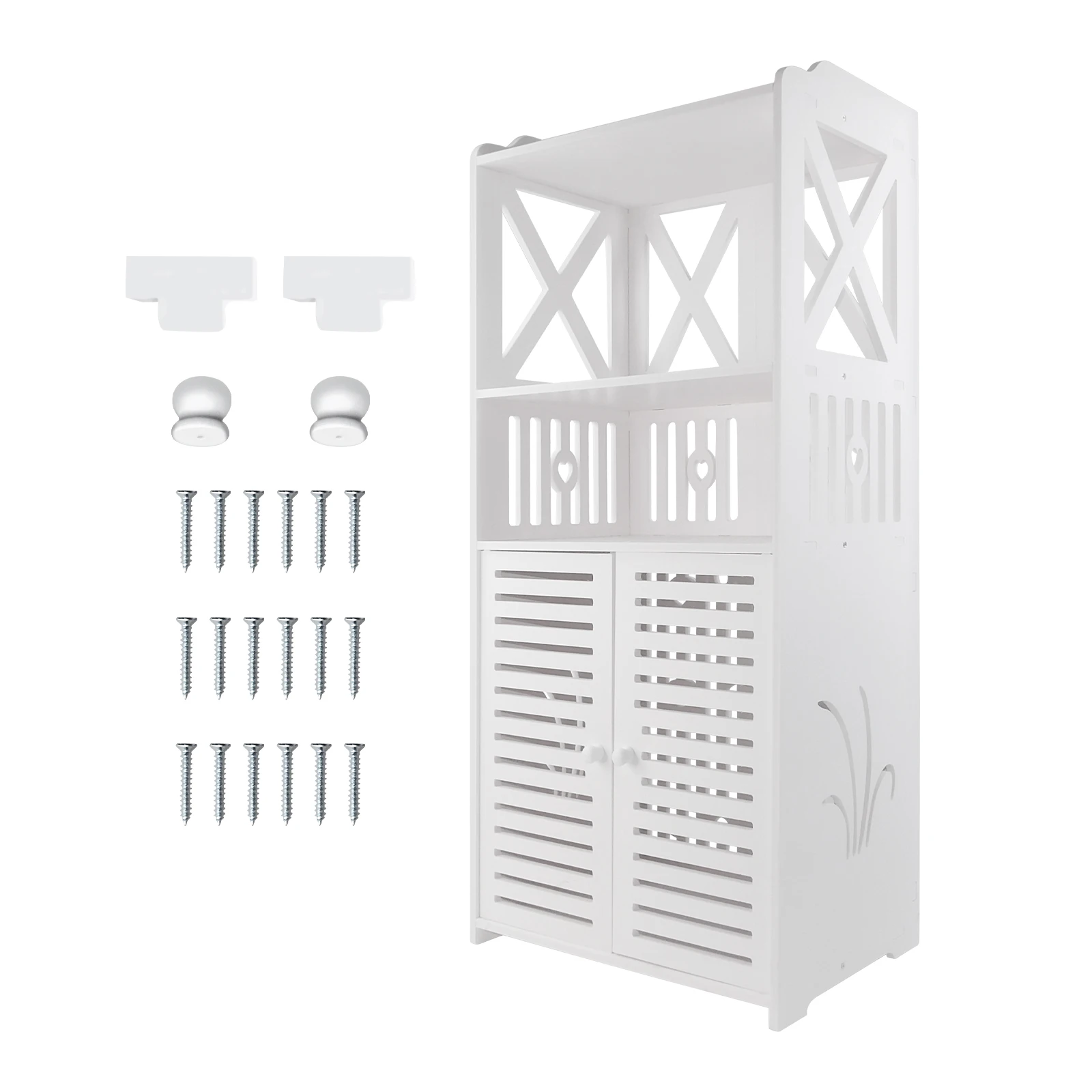 Bathroom Floor Cabinet,Waterproof FreeStanding Bathroom Storage Unit with Daily Use Layer and Cupboard Double Door,3 Tier PVC