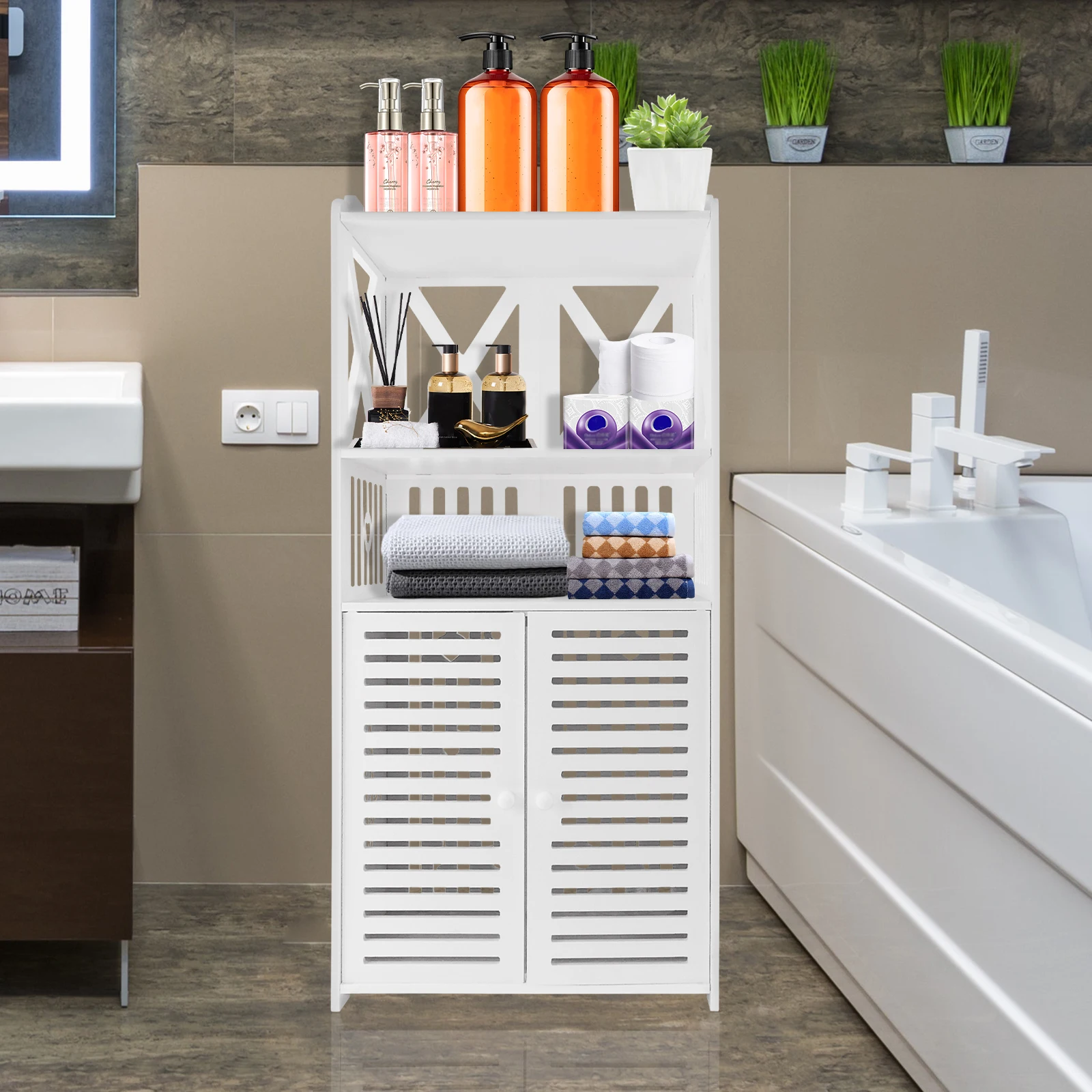 Bathroom Floor Cabinet,Waterproof FreeStanding Bathroom Storage Unit with Daily Use Layer and Cupboard Double Door,3 Tier PVC