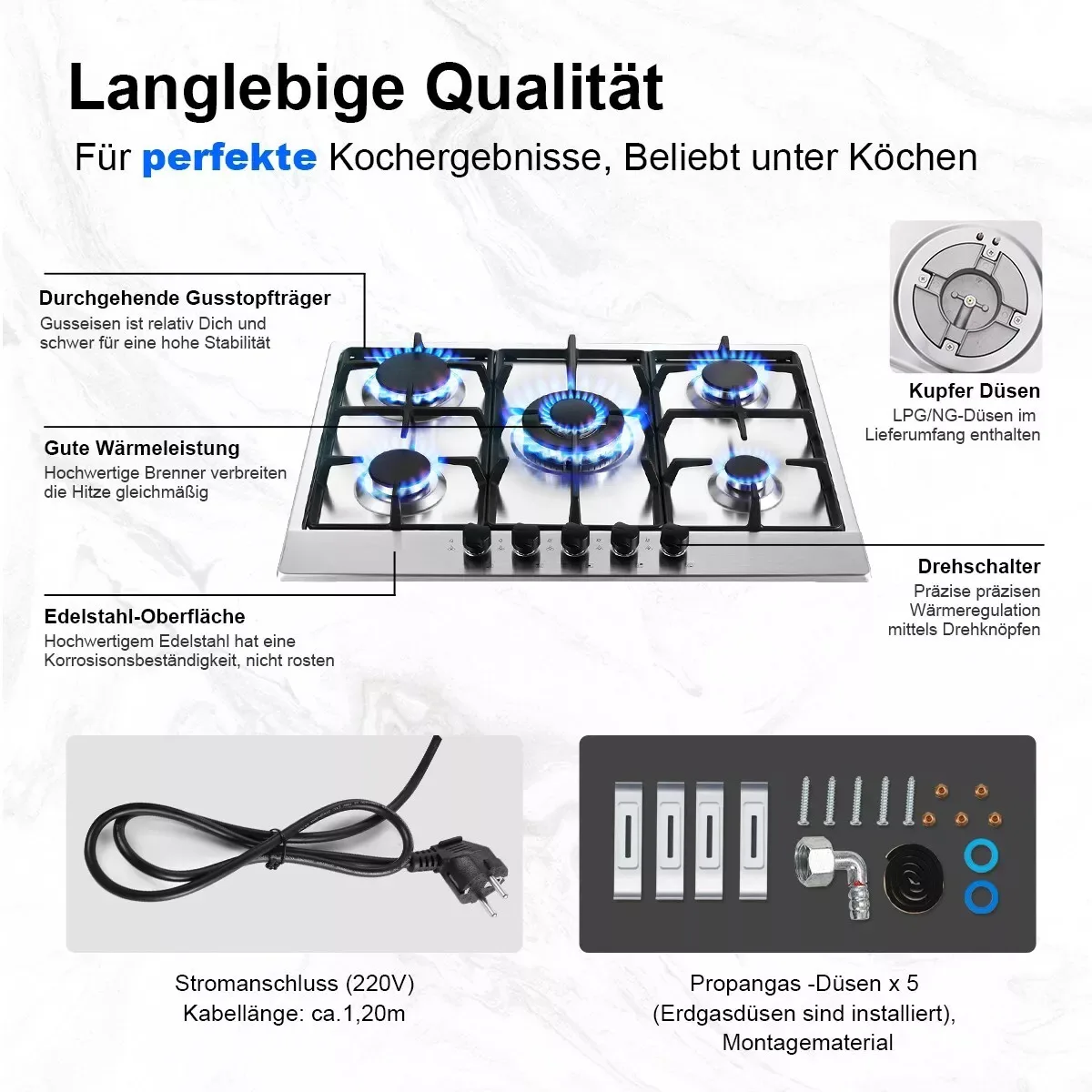 Topstrong 5 Burner Stainless Built-in Natural Gas Propane NG/LPG Gas Hob YYEUGCT-S05