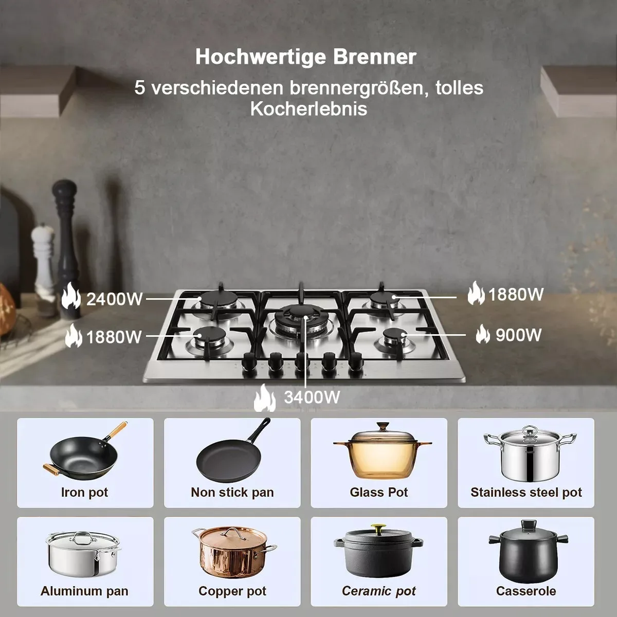 Topstrong 5 Burner Stainless Built-in Natural Gas Propane NG/LPG Gas Hob YYEUGCT-S05
