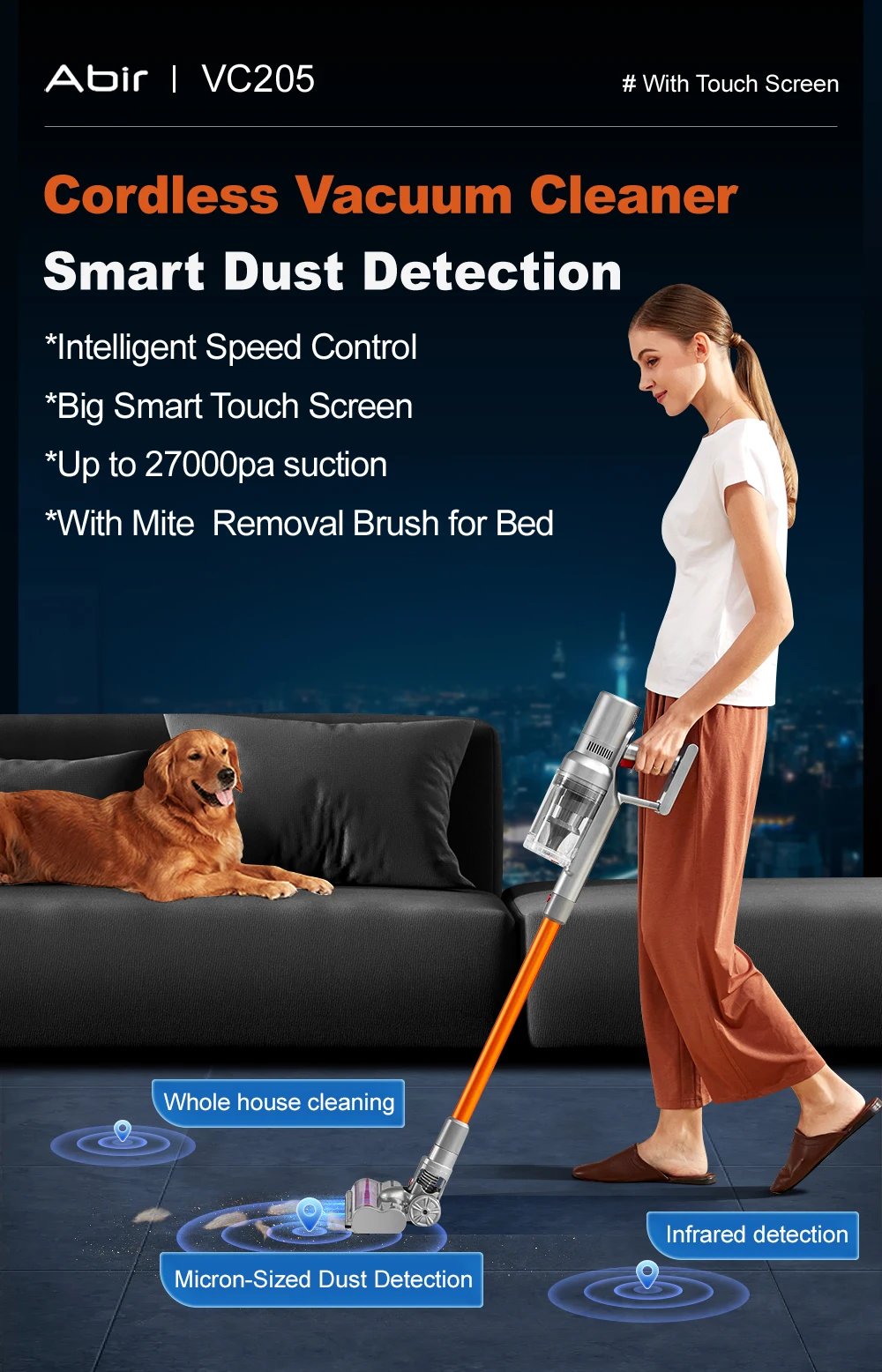 Wireless Handheld Vacuum Cleaner ABIR VC205,27000PA,Smart Dust Detction, Big Touch Screen,Auto Speed,Smart Vacuum for Pet Home