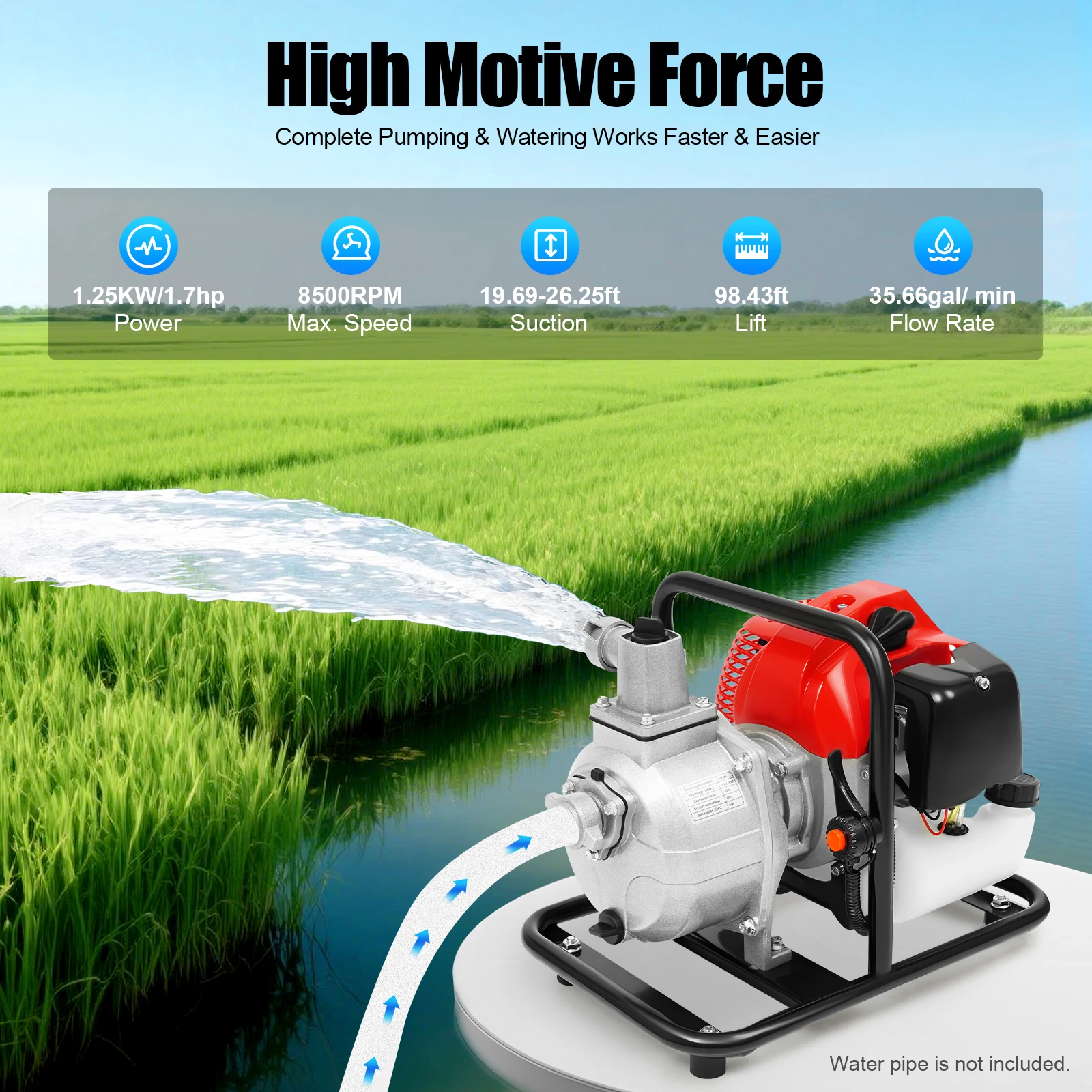 1.25KW Water Pump Anti-Rust Air-Cooled 1In Gas-Powered Power Multi-function Equipment for Firefighting and Fishpond Aquaculture