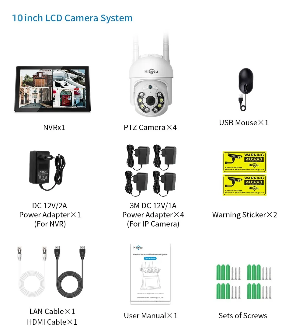 Hiseeu 3/5MP 10CH NVR with 10.1" Monitor Wireless Security Cameras Kit Outdoor Waterproof IP Camera Surveillance CCTV System Set