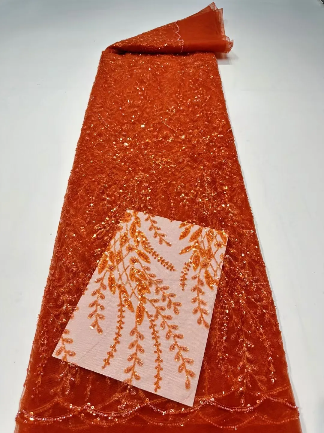 French Lace Fabrics 2026 High Quality African Beaded Embroidered Nigerian Sequins Tulle Lace 5 Yards For Sewing Party Dresses