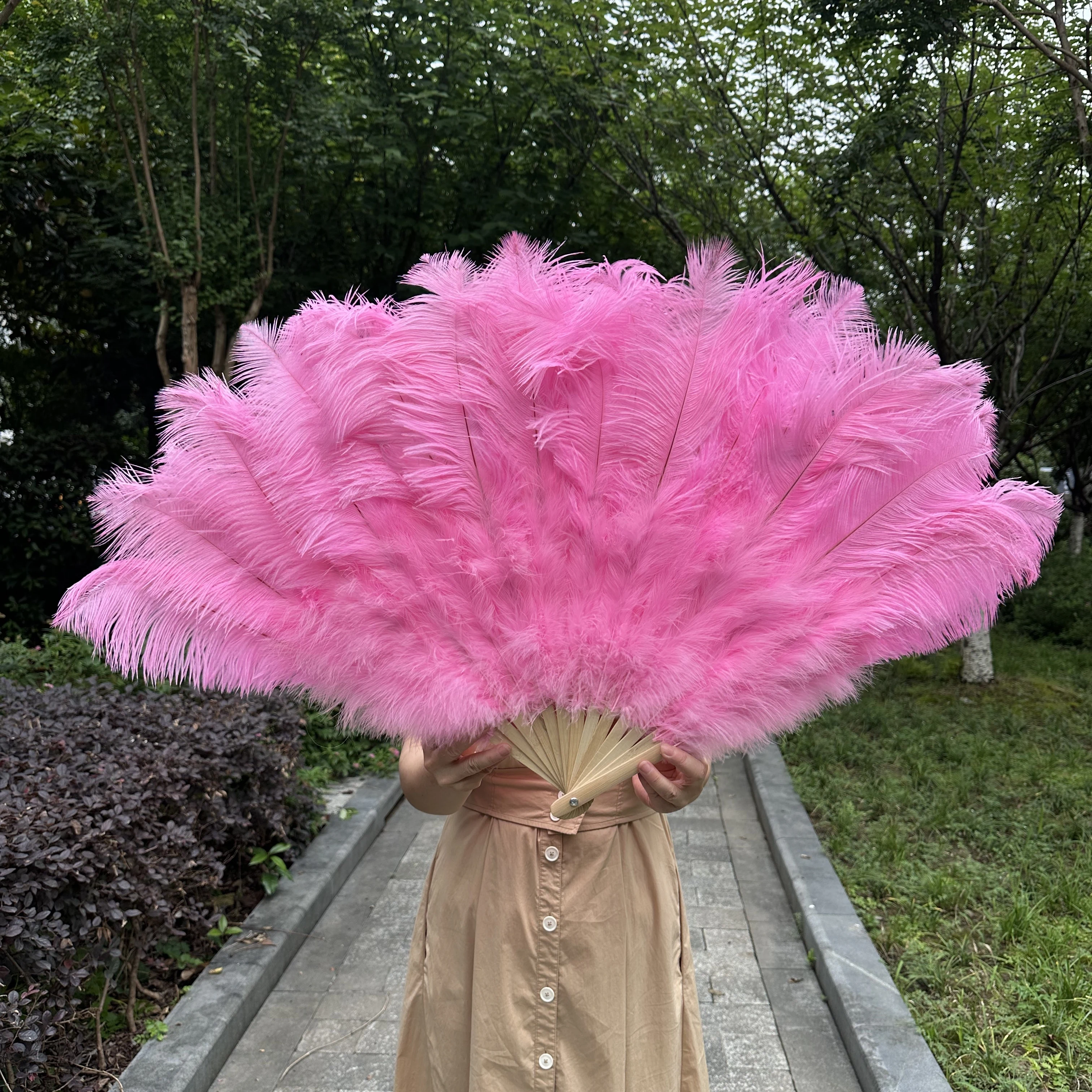 100/130Cm Big Pink Ostrich Feather Dance Fans Foldable Hand Held Plume Fan Decorate Halloween Party Belly Craft Accessories