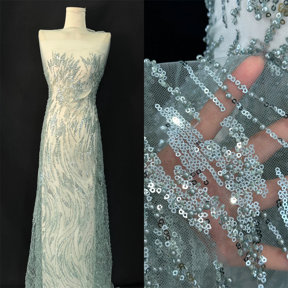 Green Sequin Lace Fabric African Fabric Lace Wedding Dress 2026 Luxury Gold Beaded Lace French Mesh Sequence for Sewing