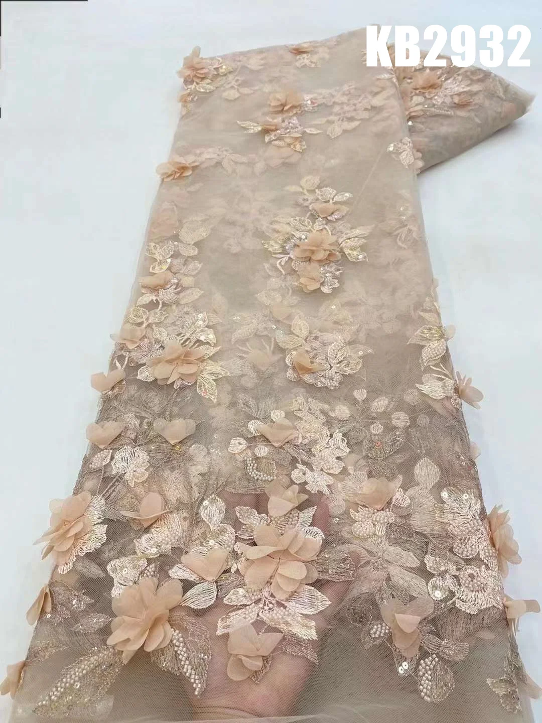 3D Flower Embroidery Lace Purple Flower Beaded Fabric Lace Wedding Dress Gold French Lace Sequin Tulle Lace For Sewing KB2932