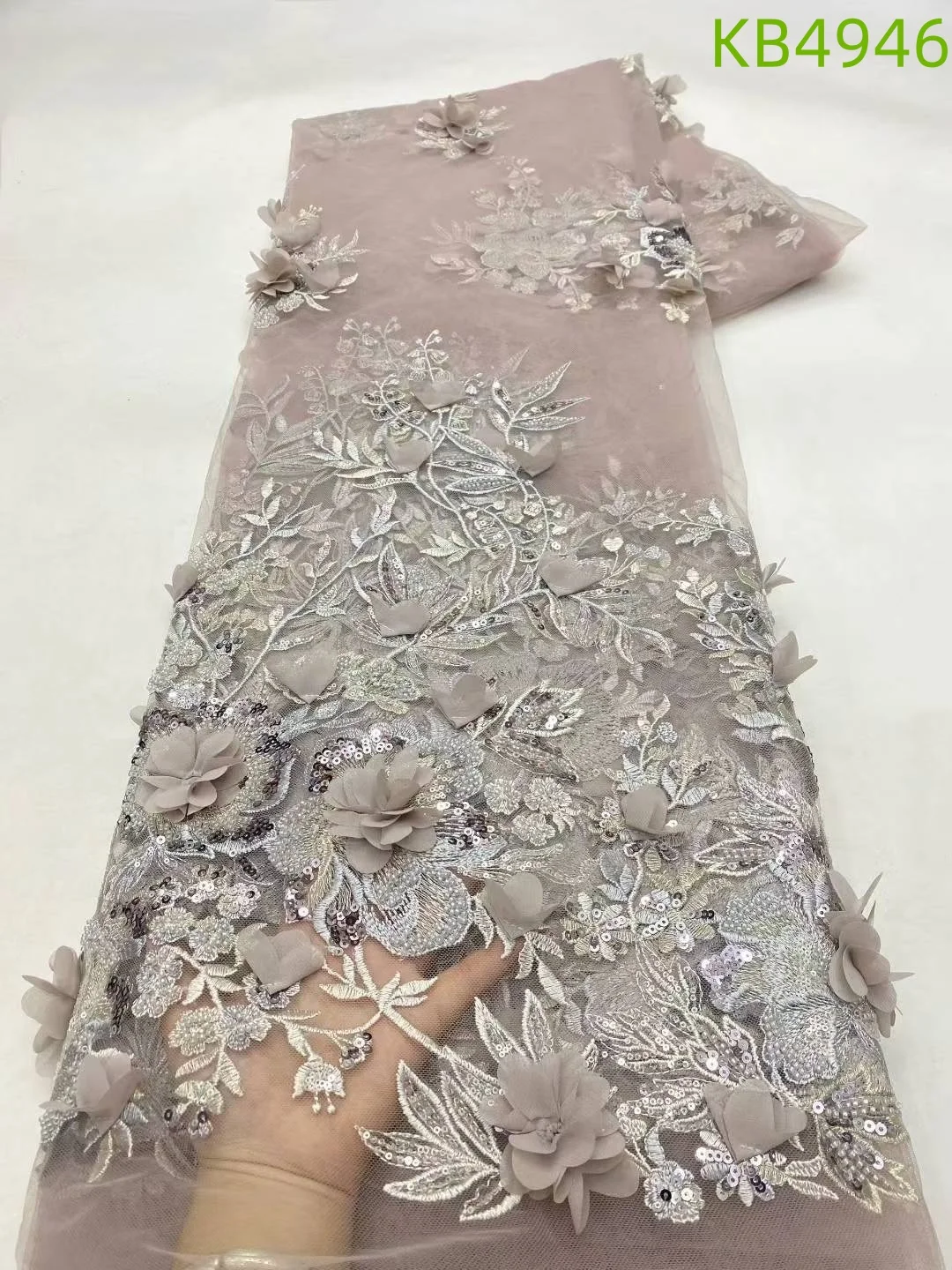 3D Flower Embroidery Lace Purple Flower Beaded Fabric Lace Wedding Dress Gold French Lace Sequin Tulle Lace For Sewing KB2932