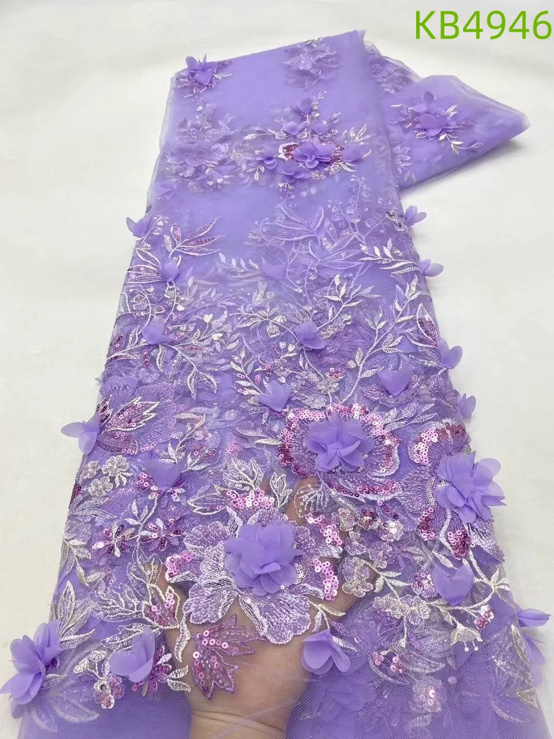 3D Flower Embroidery Lace Purple Flower Beaded Fabric Lace Wedding Dress Gold French Lace Sequin Tulle Lace For Sewing KB2932