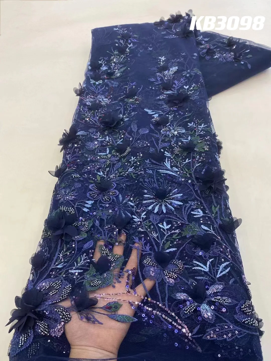 3D Flower Embroidery Lace Purple Flower Beaded Fabric Lace Wedding Dress Gold French Lace Sequin Tulle Lace For Sewing KB2932