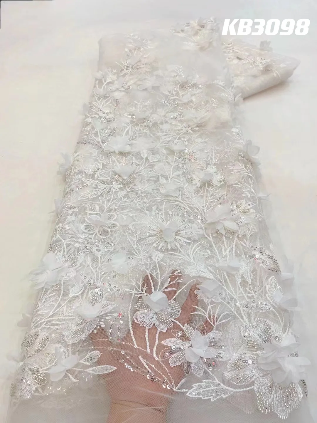 3D Flower Embroidery Lace Purple Flower Beaded Fabric Lace Wedding Dress Gold French Lace Sequin Tulle Lace For Sewing KB2932