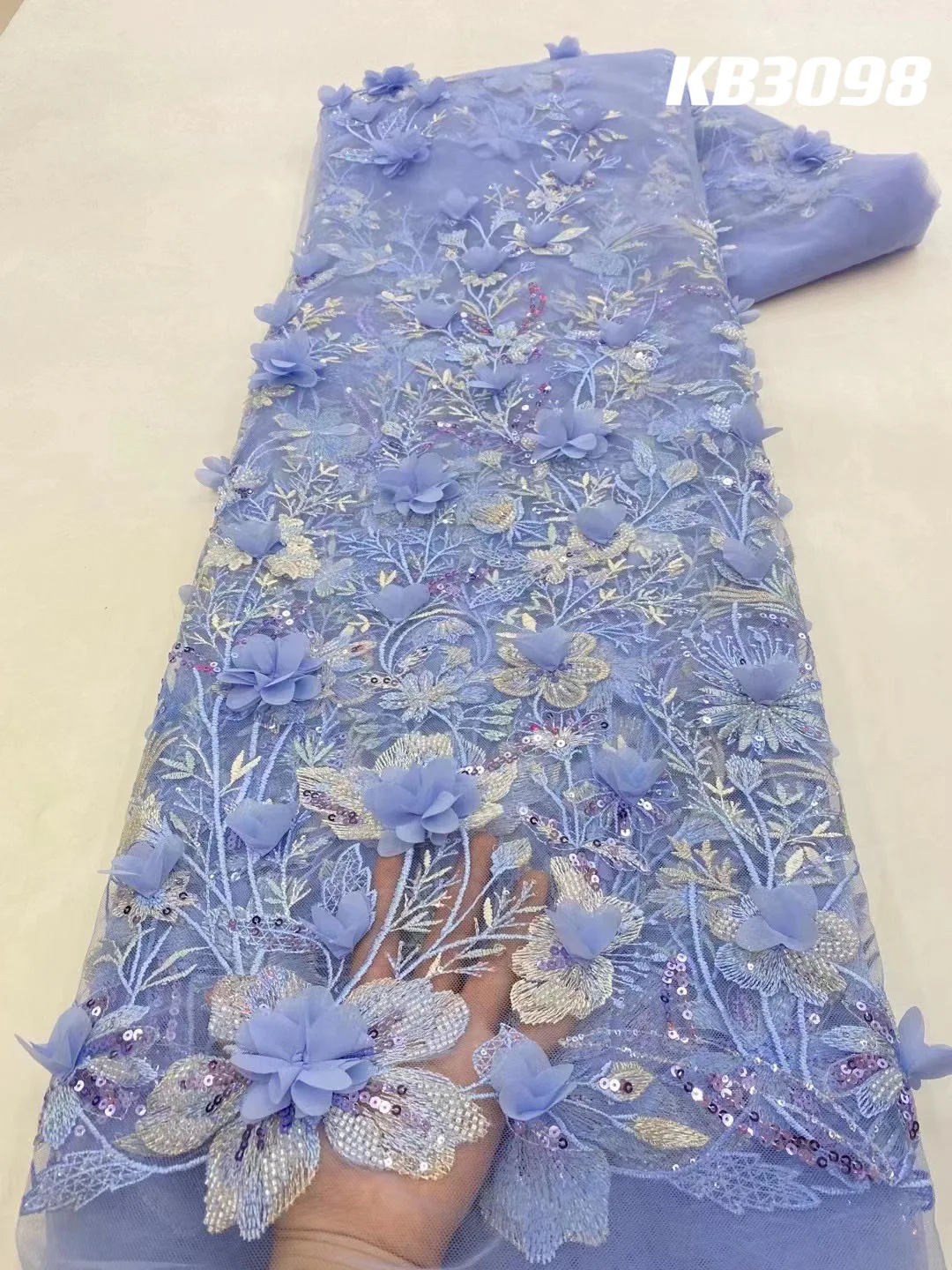 3D Flower Embroidery Lace Purple Flower Beaded Fabric Lace Wedding Dress Gold French Lace Sequin Tulle Lace For Sewing KB2932