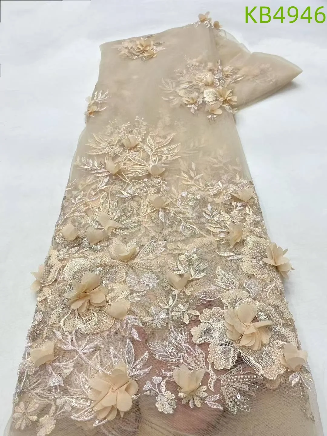 3D Flower Embroidery Lace Purple Flower Beaded Fabric Lace Wedding Dress Gold French Lace Sequin Tulle Lace For Sewing KB2932