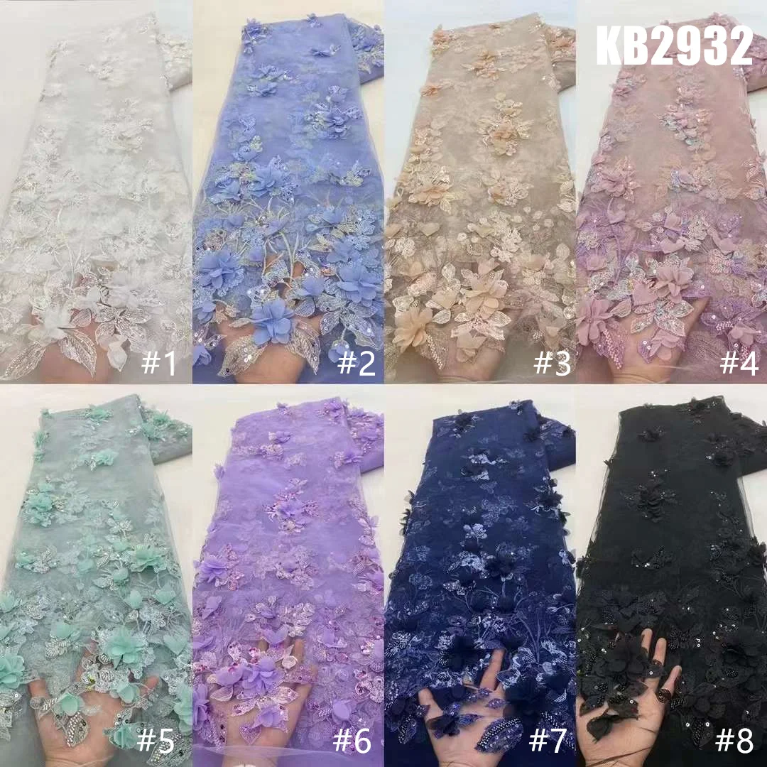 3D Flower Embroidery Lace Purple Flower Beaded Fabric Lace Wedding Dress Gold French Lace Sequin Tulle Lace For Sewing KB2932