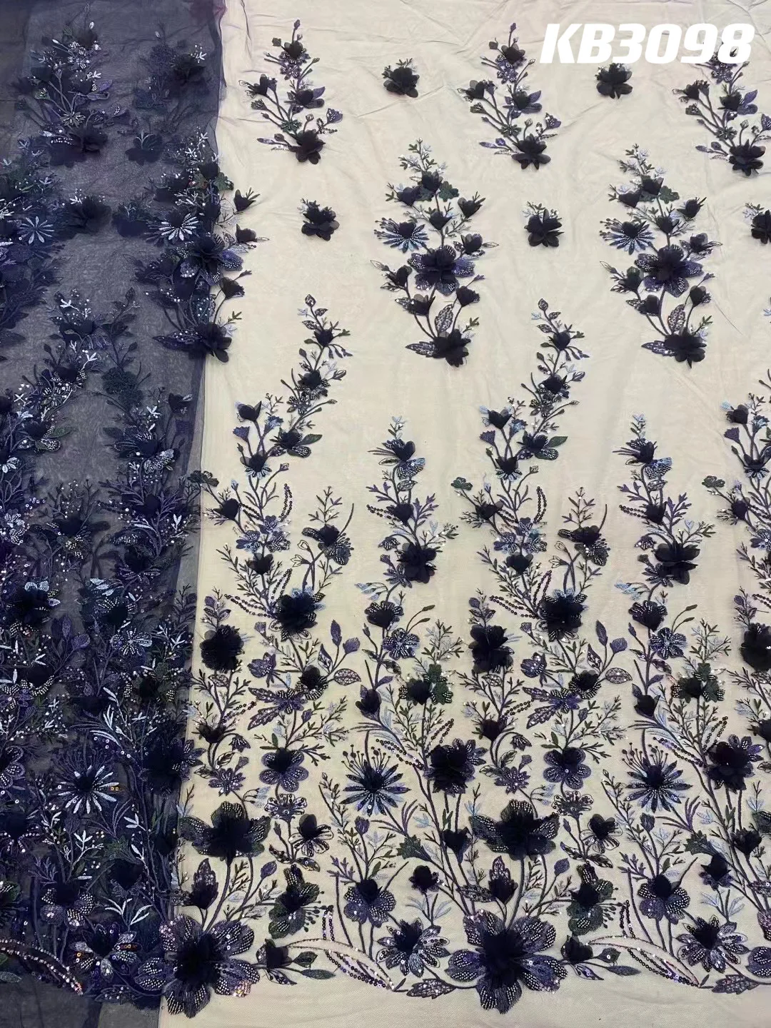 3D Flower Embroidery Lace Purple Flower Beaded Fabric Lace Wedding Dress Gold French Lace Sequin Tulle Lace For Sewing KB2932