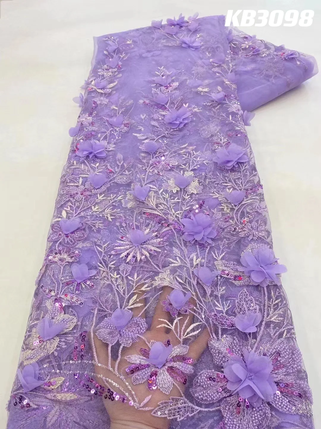 3D Flower Embroidery Lace Purple Flower Beaded Fabric Lace Wedding Dress Gold French Lace Sequin Tulle Lace For Sewing KB2932